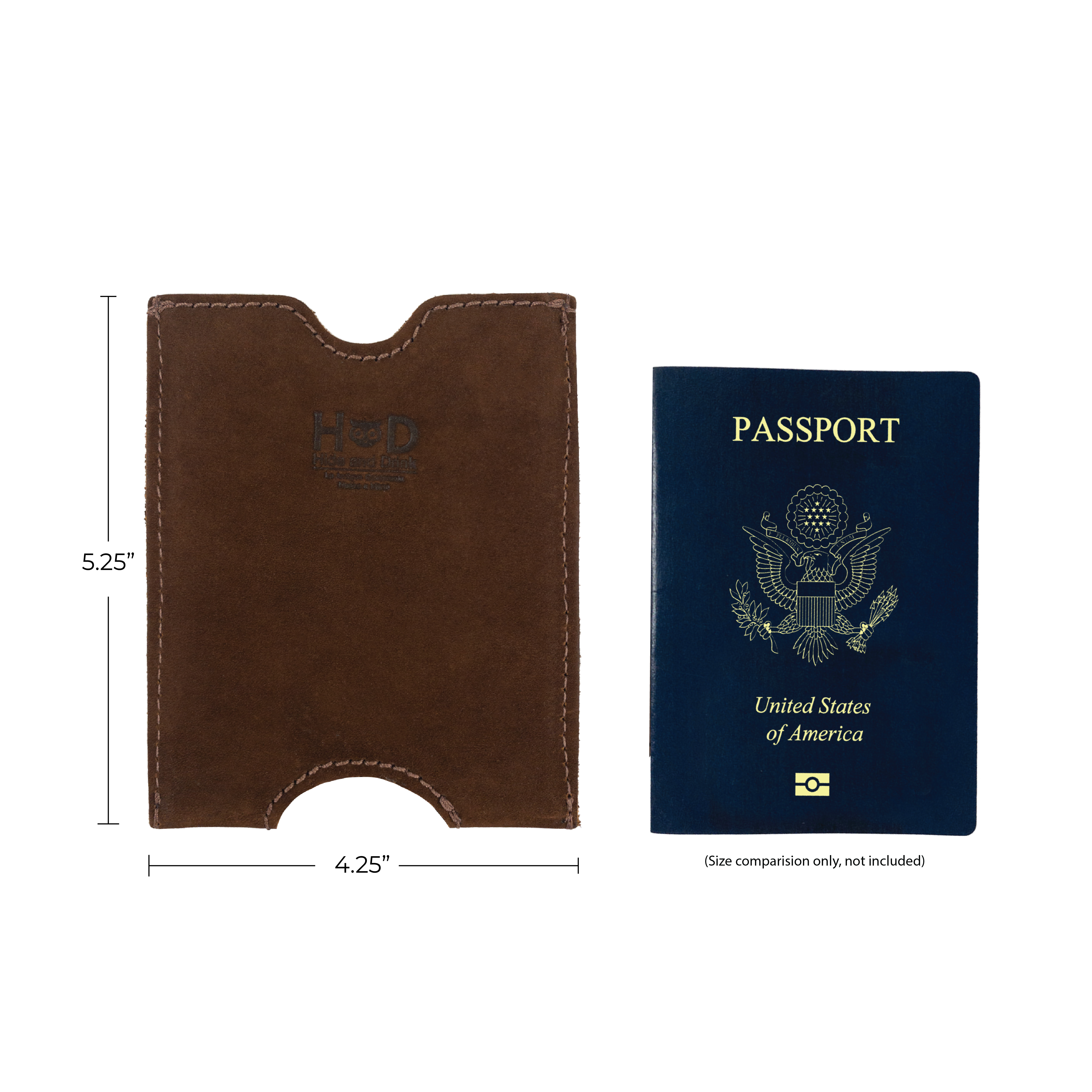 Dimensions of Hide & Drink Passport Sleeve alongside a passport for size comparison. Made from Full Grain Leather, this Travel Passport Pocket Sleeve features artisan craftsmanship from La Antigua Guatemala.