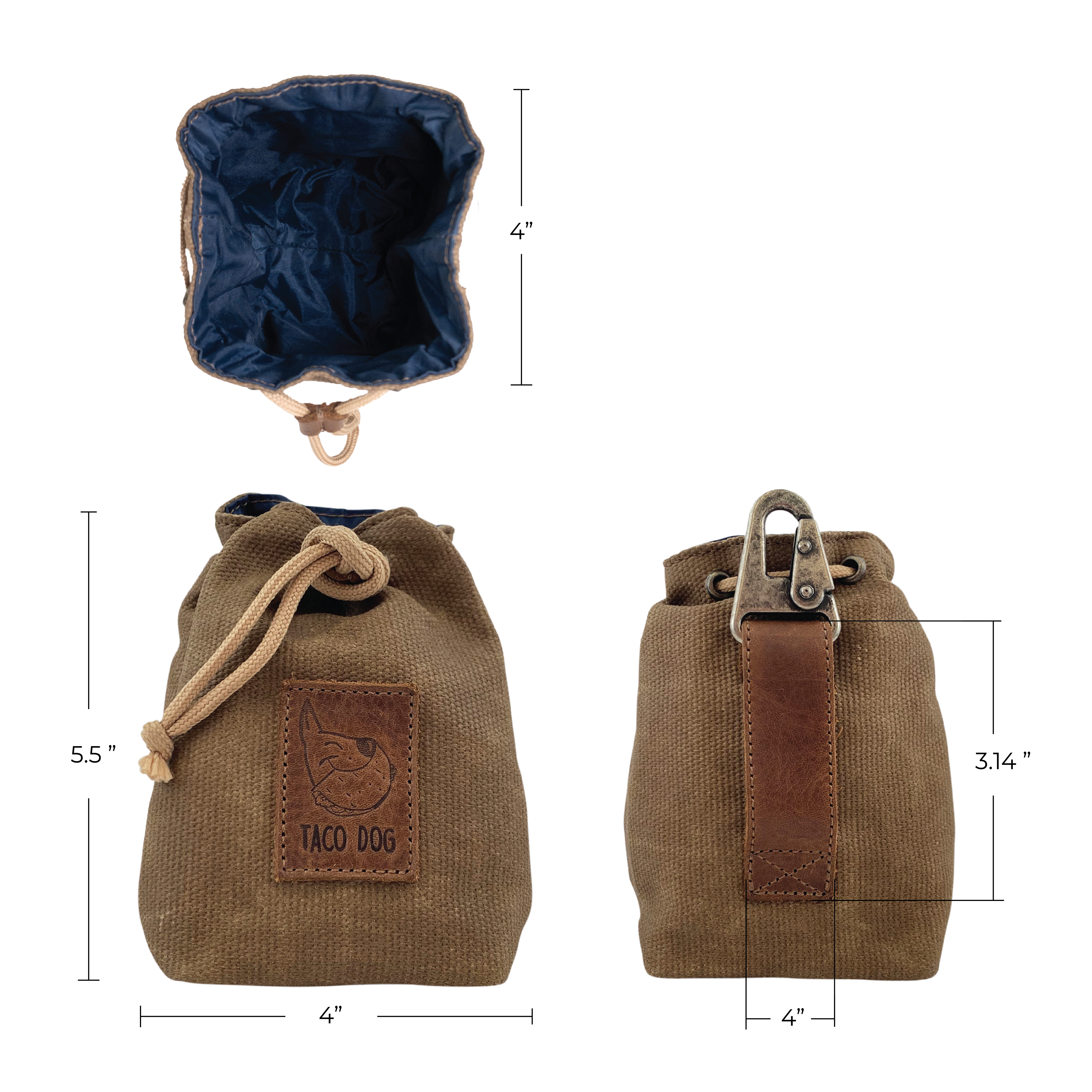 Dimensions of the Taco Dog Treat Training Bag displayed accurately, featuring a waxed canvas construction perfect for storing pet treats. This artisan-made pouch is hand cut and sewn in La Antigua Guatemala, emphasizing quality and portability.