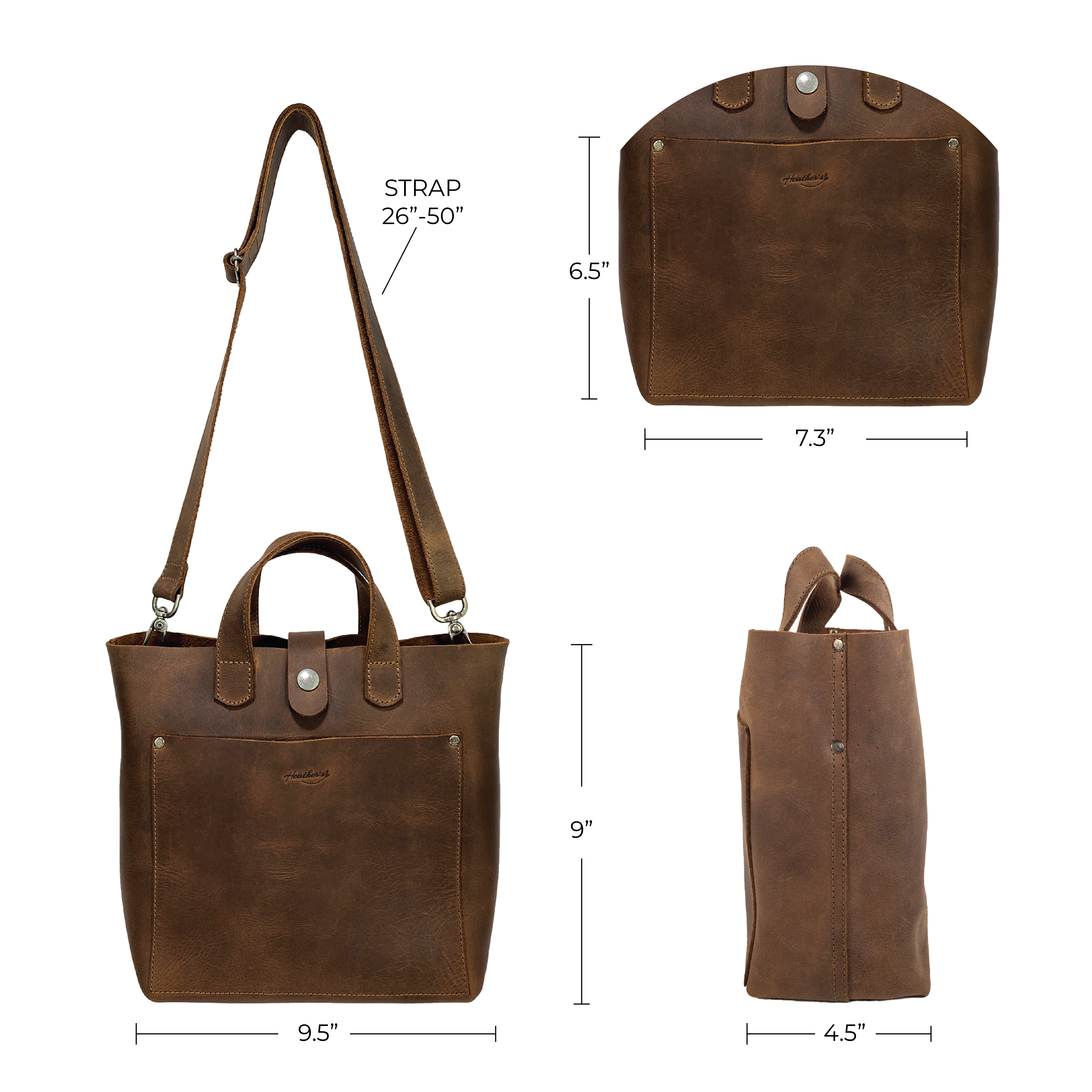 Dimensions and details of Heather's Crossbody Tote Bag with Pouch, outlining the size and full grain leather craftsmanship. This rustic handbag embodies a vintage style shoulder case, designed for travel and shopping, handmade in La Antigua Guatemala & Oaxaca Mexico.