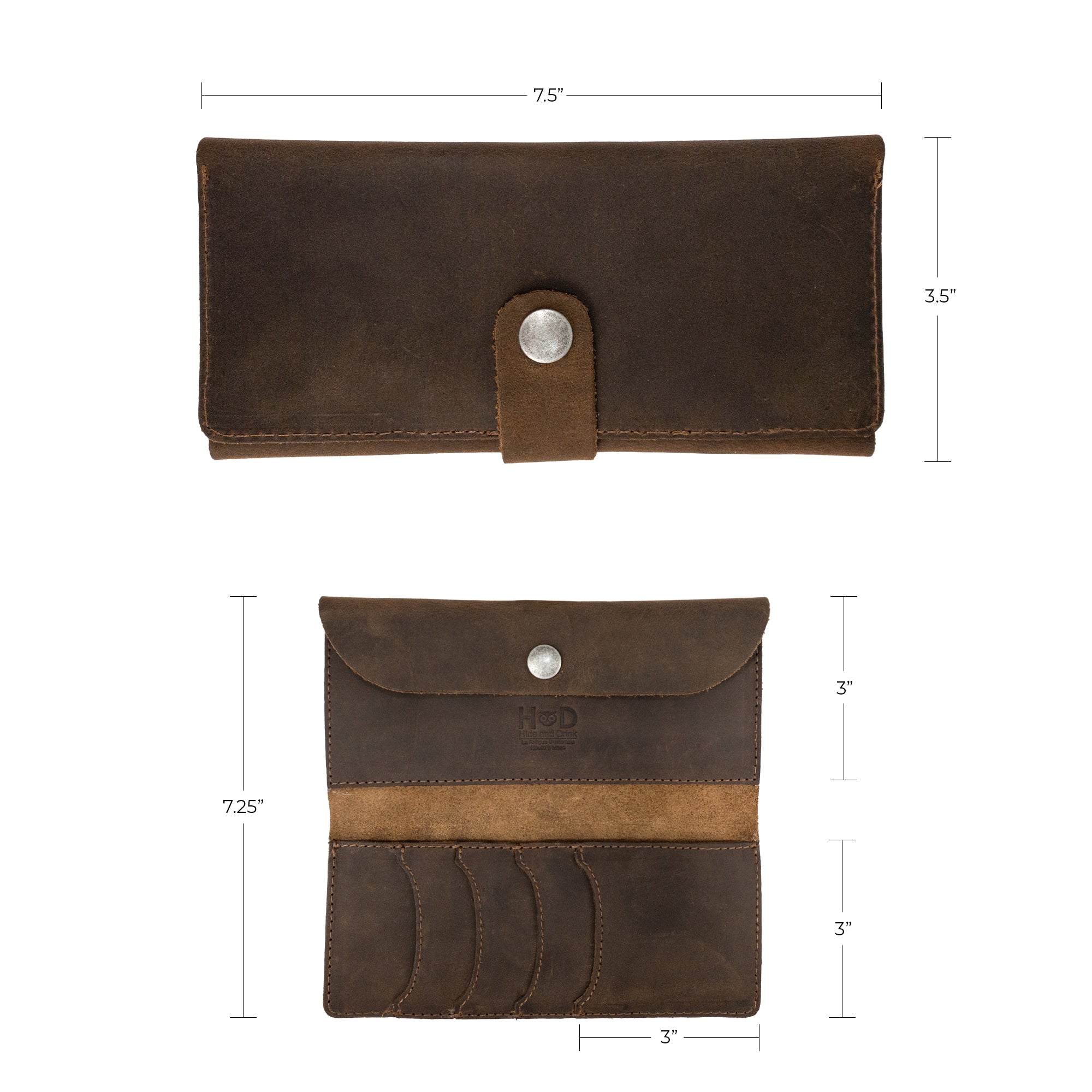 Detailed image of the Hide & Drink Folio Wallet With Pouch, emphasizing its dimensions and handmade quality. This wallet showcases pockets for 4 cards, plus flat bills and coins, all crafted from premium full grain leather to ensure durability and style.