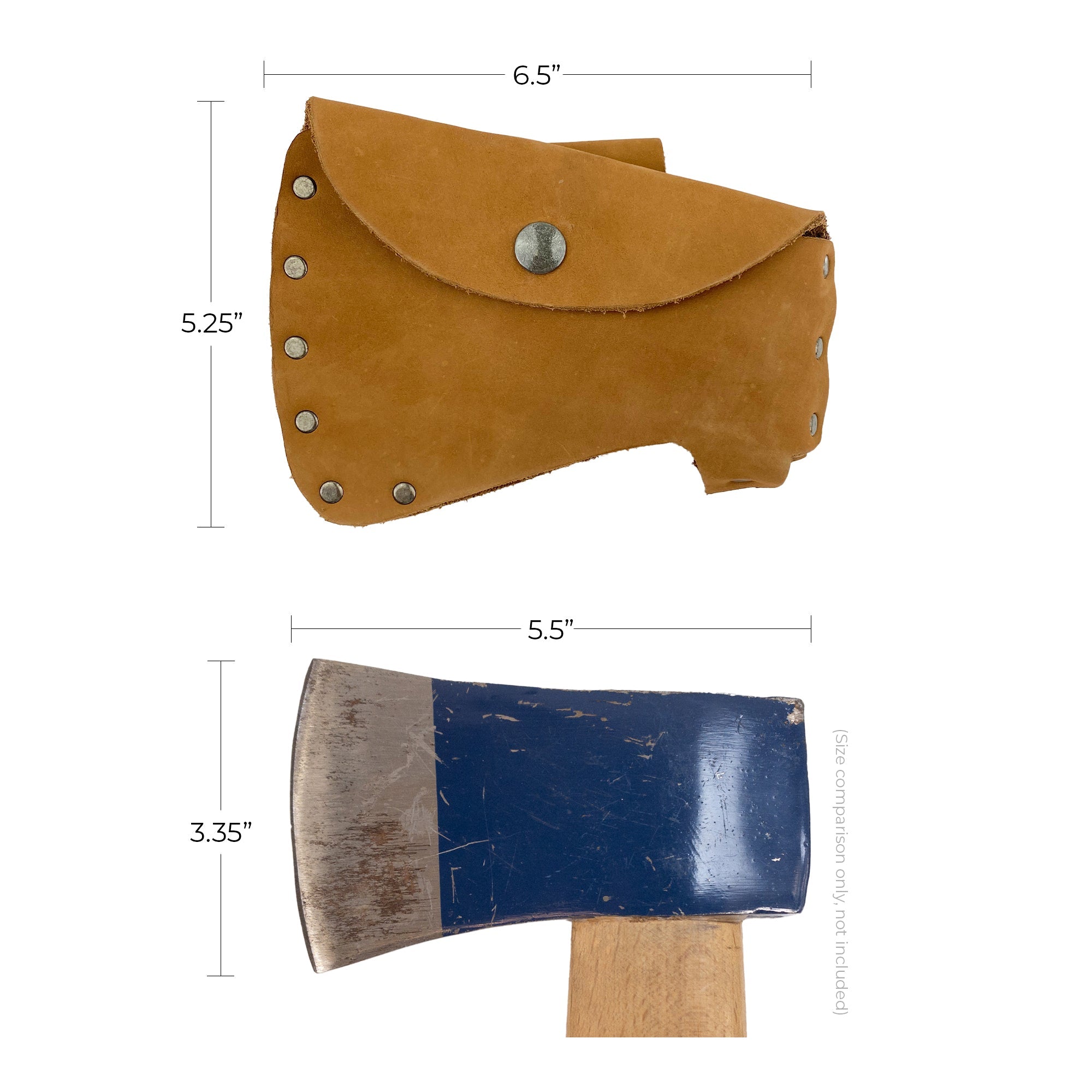 Hide & Drink Hatchet Head Sheath detailing dimensions for a functional and stylish holster ideal for 1.5 in. belts. This artisan axe head case and blade cover is perfect for lumberjack work essentials, handmade in small batches in La Antigua Guatemala & Oaxaca Mexico.