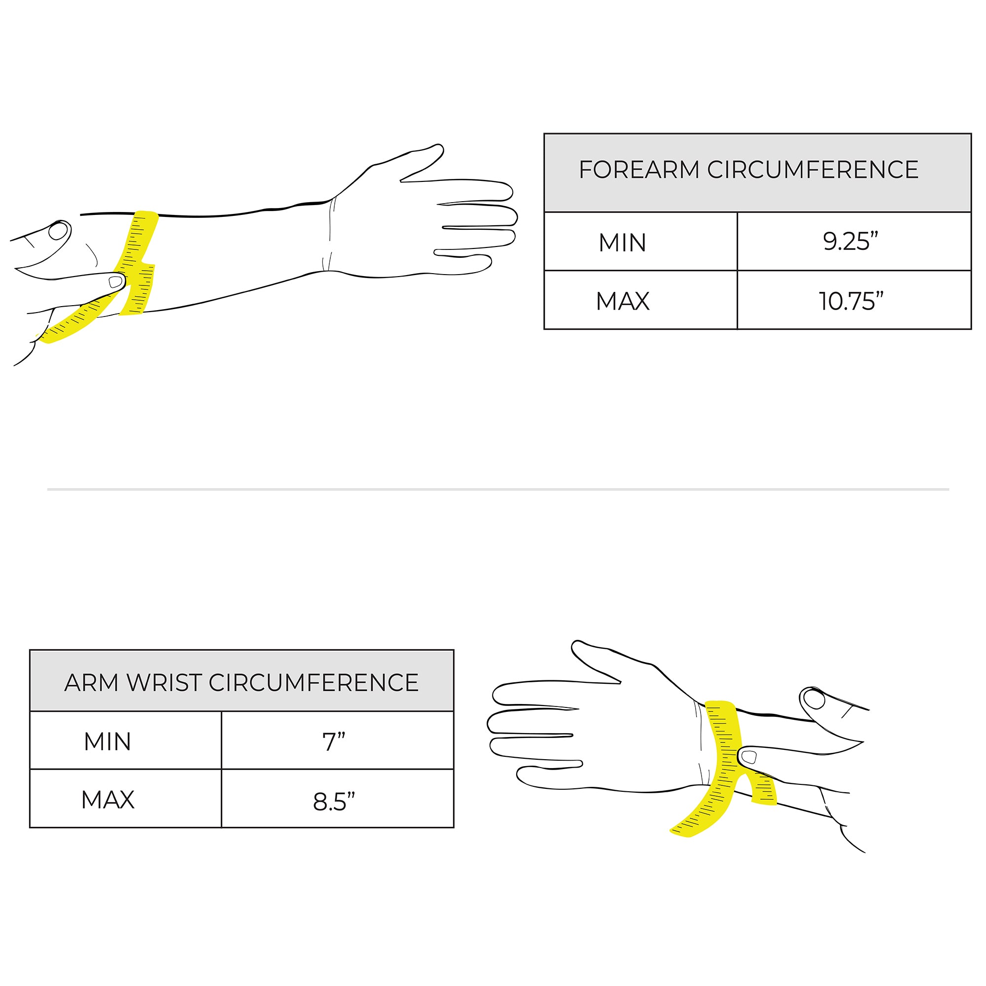 Illustration of sizing for the 4 Buckle Bracelet (2 Pack) by Valhalla Gear, providing detailed measurements for forearm and wrist circumference. Ensure a perfect fit with these handmade full grain leather Viking-style wrist guards, crafted by StockyardX artisans in La Antigua Guatemala & Oaxaca Mexico.