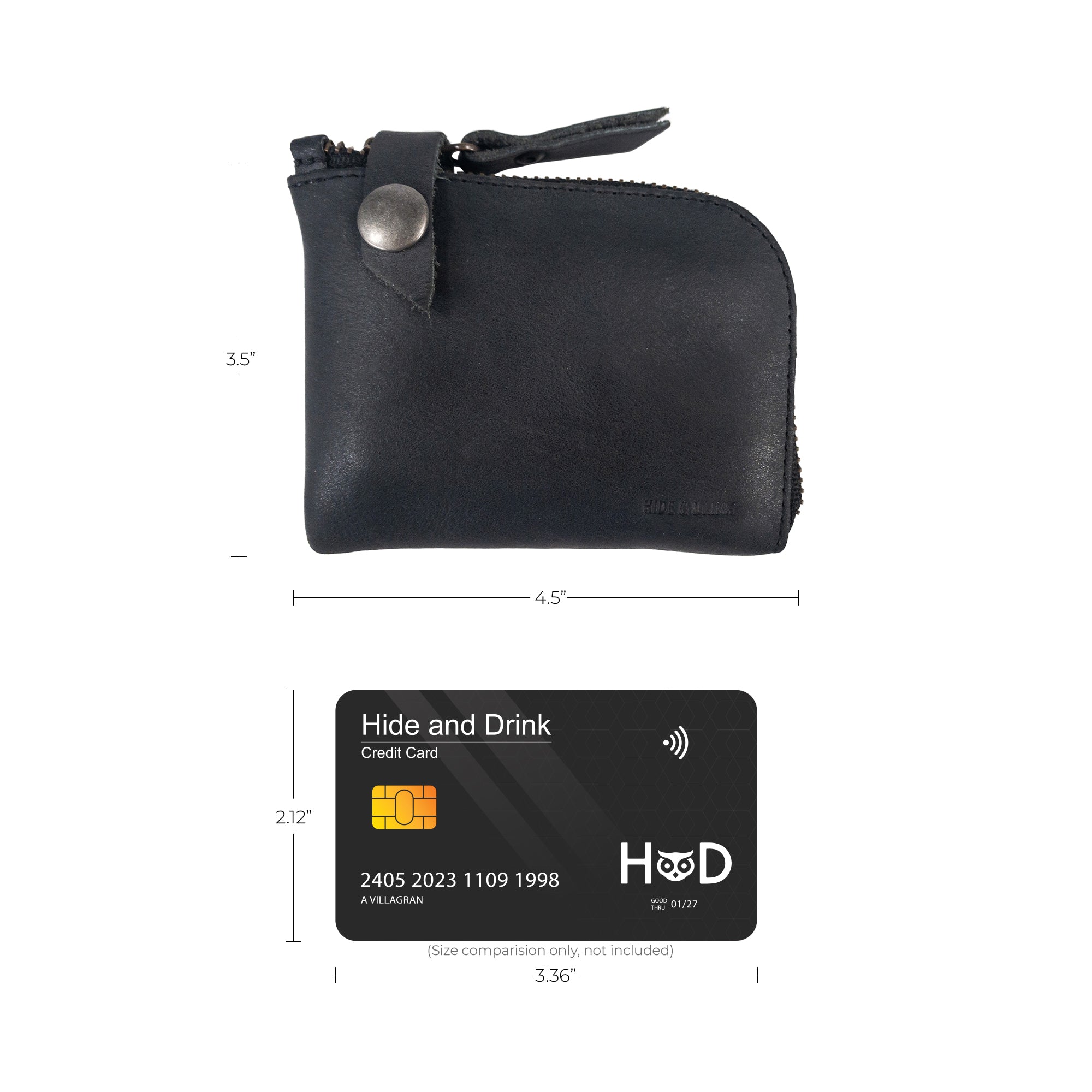 Size comparison of the black Lion's Mane Zippered Wallet by Hide & Drink with a credit card, highlighting its compact, artisan-crafted design.