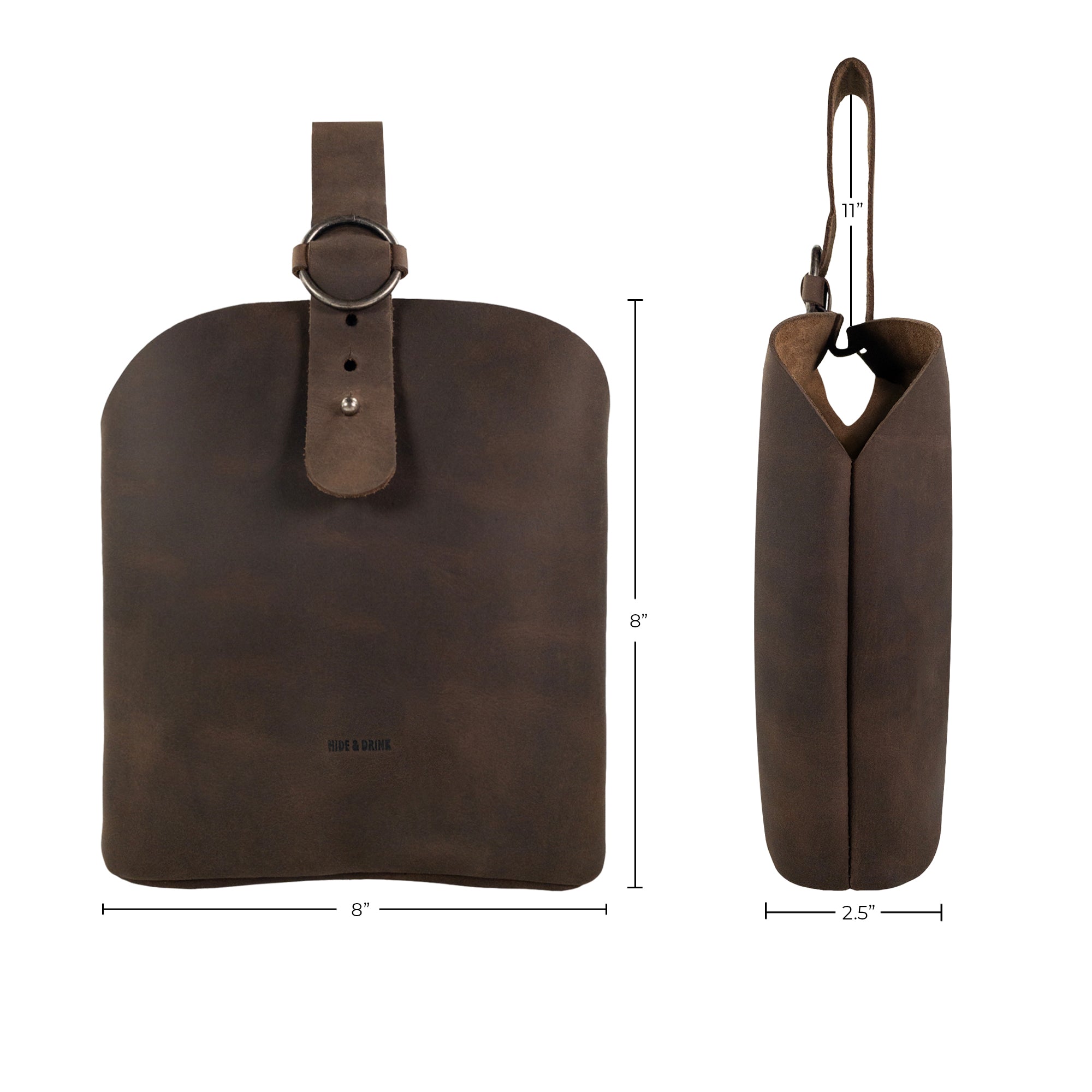 Dimensions of the Rounded Handbag by Hide & Drink are displayed next to measuring tools, emphasizing its perfect size for a travel organizer. This artisan piece, made of full grain leather, highlights quality attributes of hand cut, hand sewn features, produced in small batches and fire branded, handmade in La Antigua Guatemala & Oaxaca Mexico.