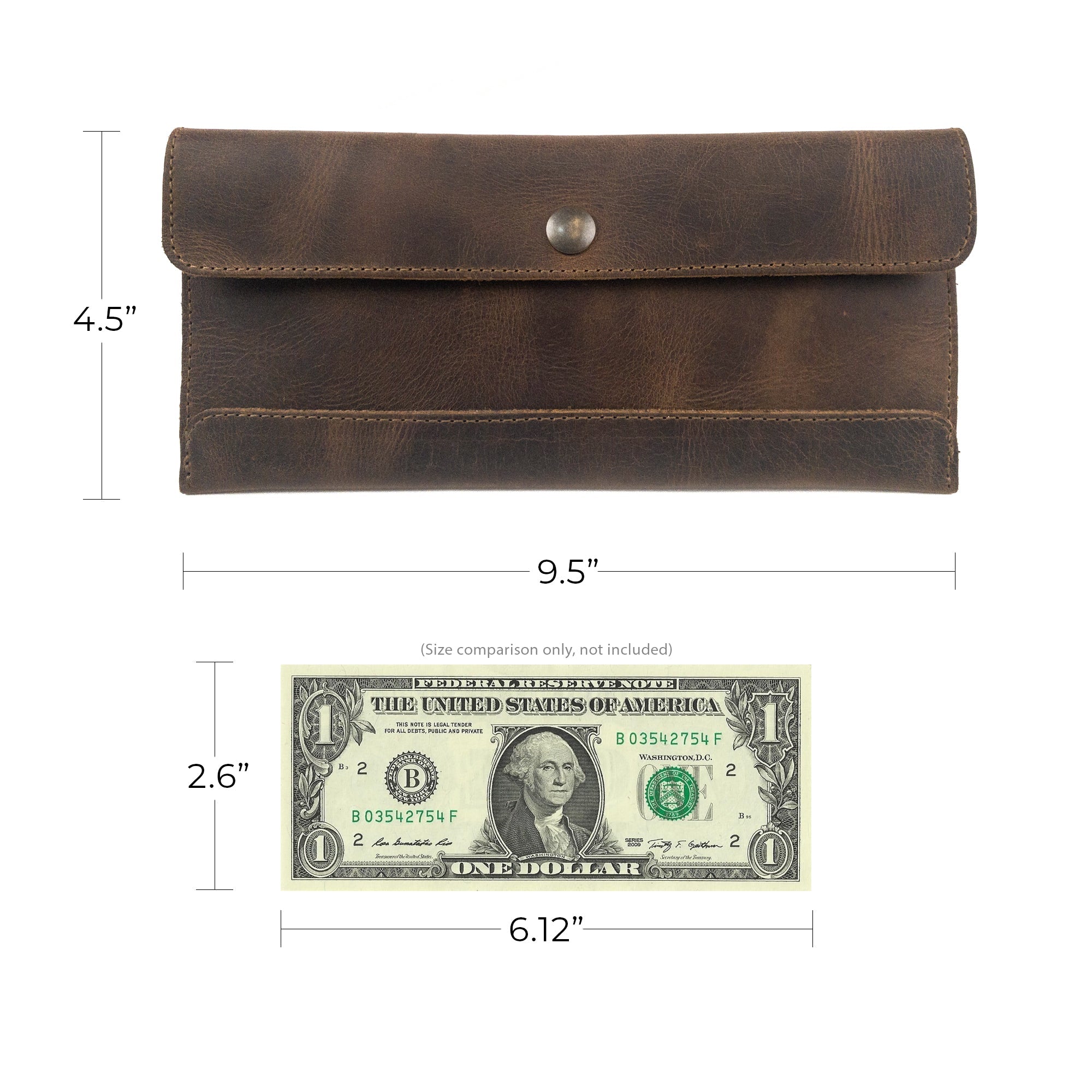 Hide & Drink's Travel Hand Wallet displayed alongside a dollar for size comparison, made from durable Full Grain Leather. This Travel Wallet is an example of artisan craftsmanship from Small Batch Production, handmade in La Antigua Guatemala & Oaxaca Mexico.
