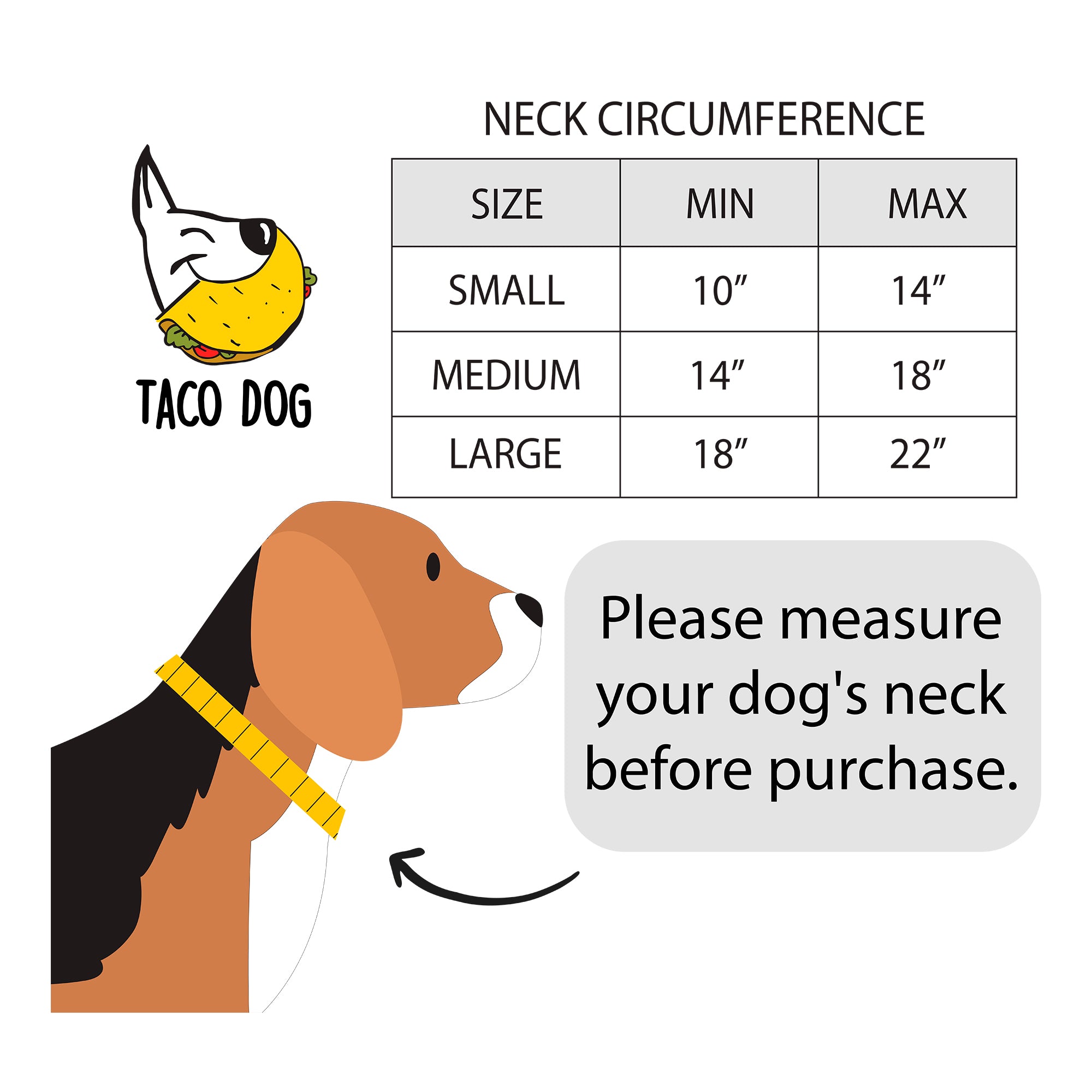 Size guideline graphic for the Classic Dog Collar by Taco Dog, illustrating fitting instructions for pets. An adjustable collar ideal for outdoor adventures, made from premium full grain leather. Classic Dog Collar 1.25" Wide, handcrafted for the highest quality and comfort.