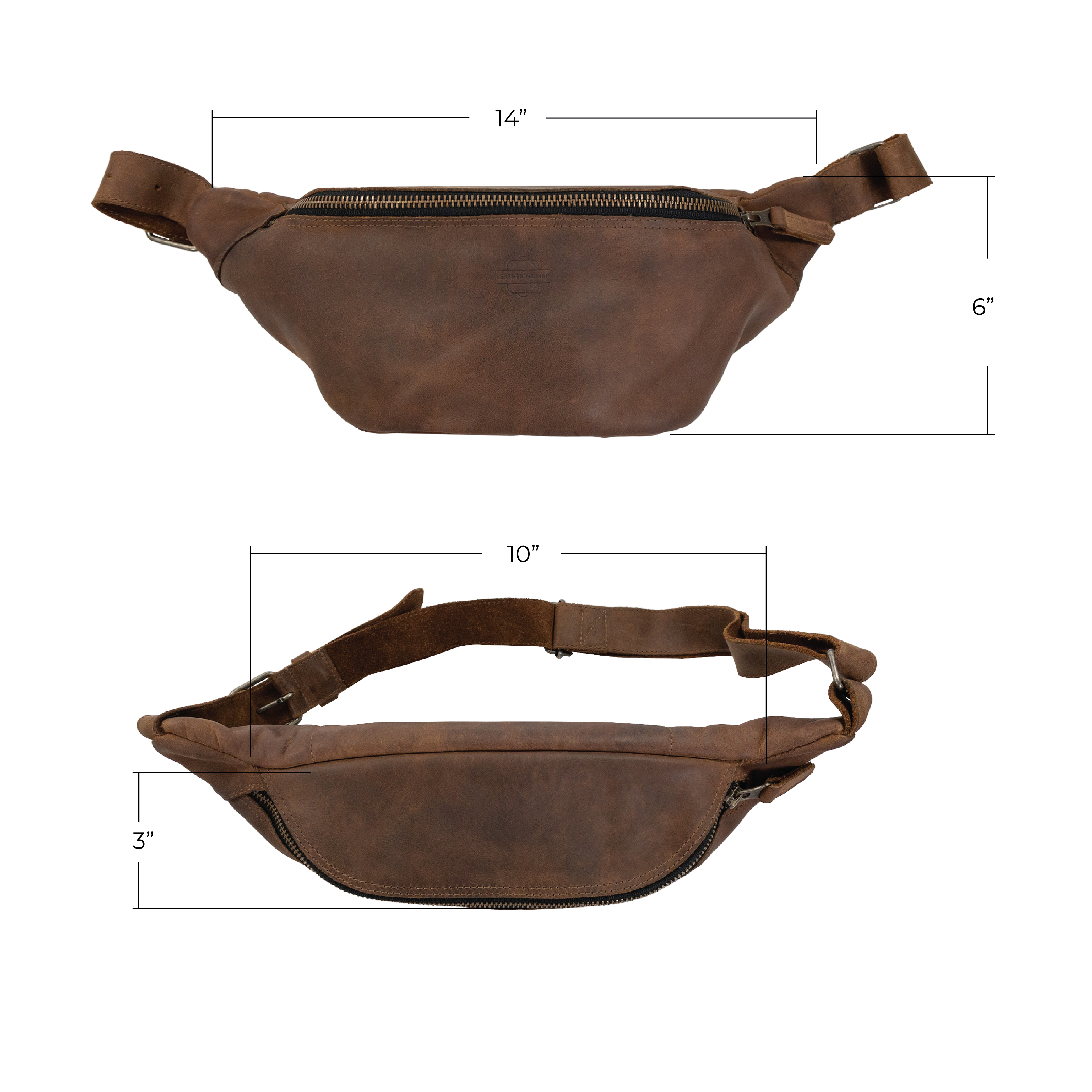 Zippered Fanny Pack by Leather Nomad with dimensions labeled. This stylish waist bag, handmade from full grain leather, is perfect for storing travel essentials like money and phone. Featuring small batch production, hand cut, and hand sewn methods, it's a true artisan piece from La Antigua Guatemala.