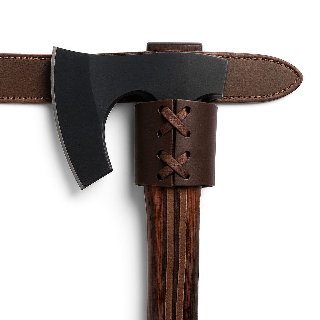 Close-up of a Braided Axe Holder with Belt Loop featuring a leather holder attached to a belt, showcasing the craftsmanship by Valhalla Gear. This design is perfect for camping, cosplay, and lumberjack outdoor accessories, made from full grain leather through small batch production. Ideal tool organizer for any outdoor enthusiast.