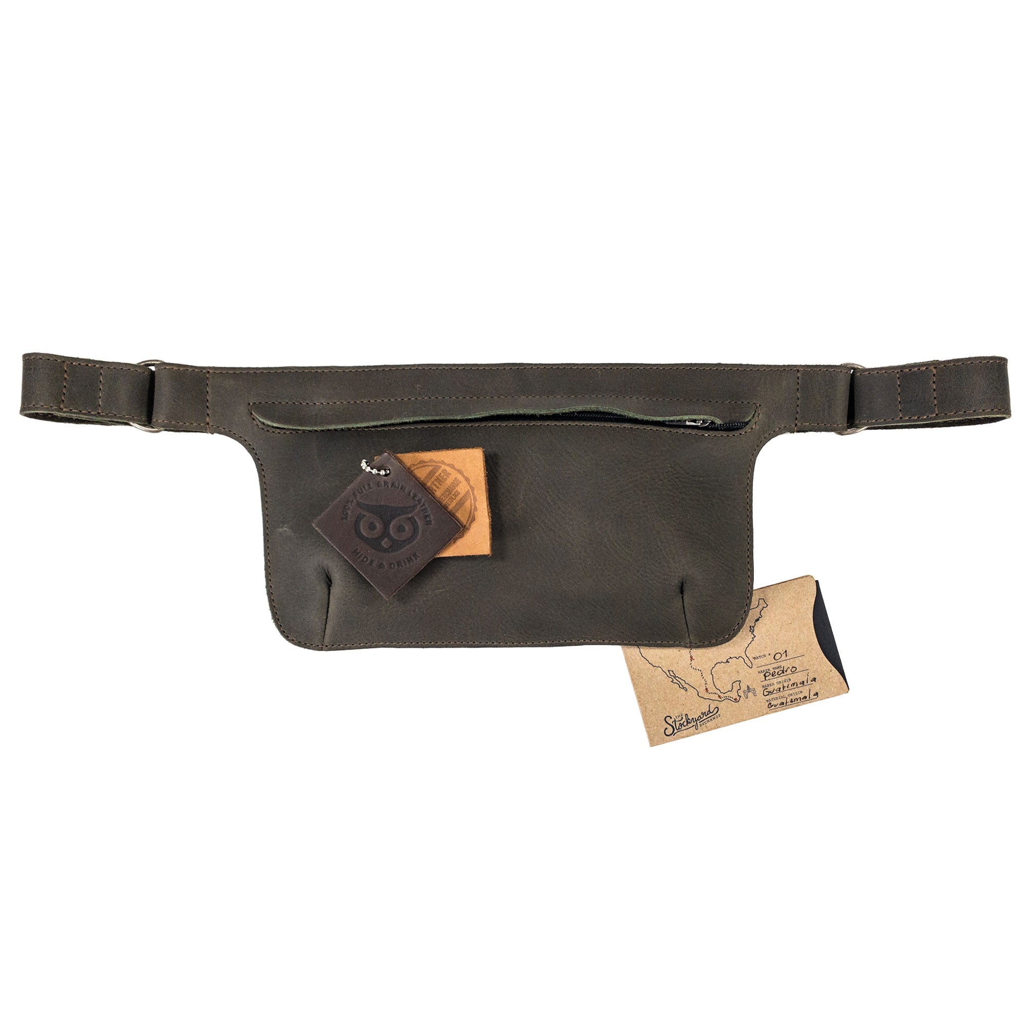Slim Fanny Pack by Hide & Drink displayed with its multi-functional pockets, illustrating versatility for carrying essentials. Made from durable full grain leather, this handcrafted accessory is ideal for everyday use.