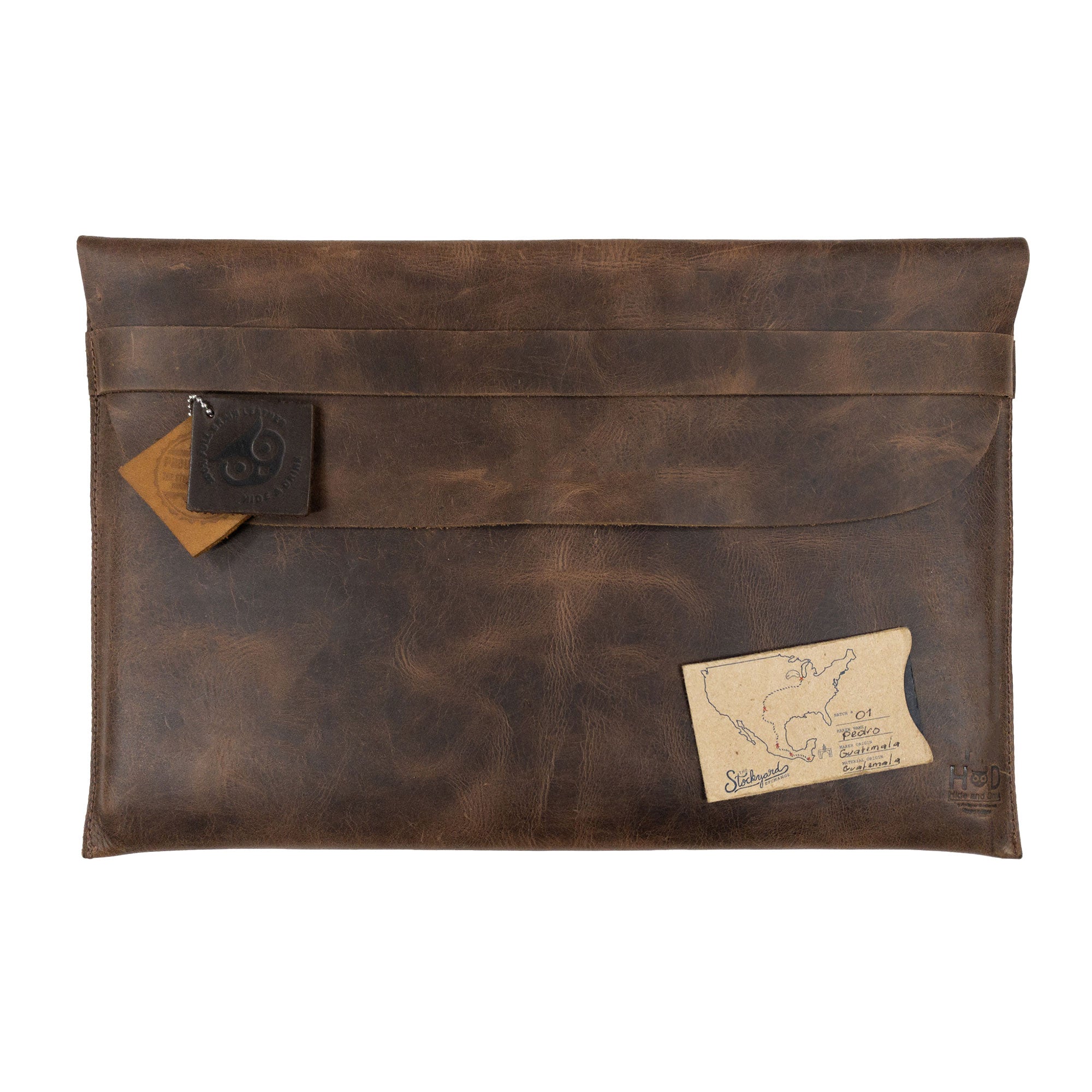MacBook Slim Case by Hide & Drink featuring a leather tag and card holder, ideal for organization. Designed for MacBook Air/Pro 13 Inch with M1 Chip, this case showcases rustic charm and artisan quality from small batch production, combining beauty with practicality.