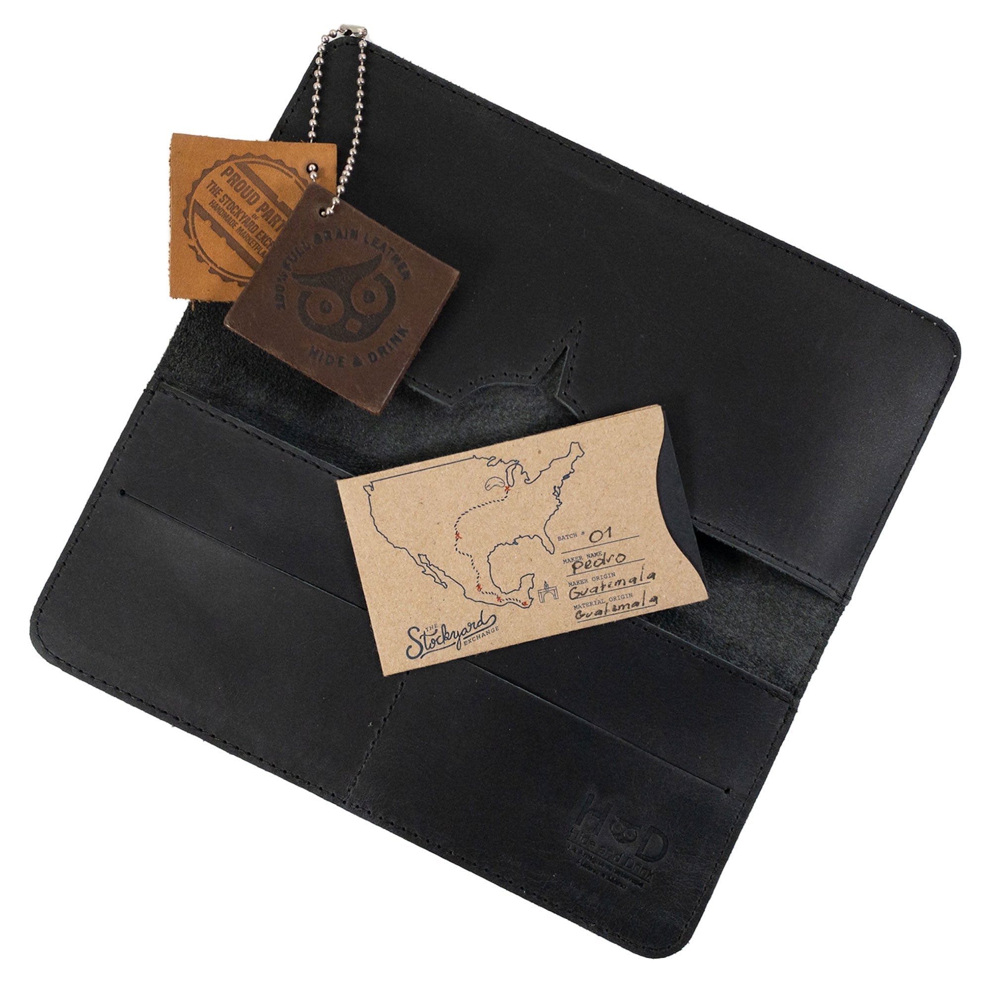 Dimensions infographic of the black bifold wallet for cellphone by Hide & Drink, clearly showing measurements. This informative image emphasizes the practicality of the Bifold Wallet for Cellphone made from resilient Full Grain Leather. Each wallet undergoes small batch production, proudly crafted in La Antigua Guatemala & Oaxaca Mexico.
