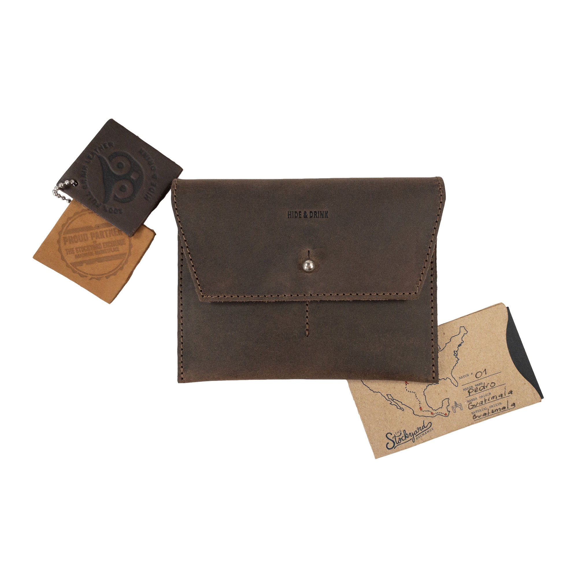 Hide & Drink Minimalist Wallet alongside other leather goods, demonstrating the brand's commitment to quality and craftsmanship. This durable cash organizer made from full grain leather is a perfect example of artisan work produced in small batches in La Antigua Guatemala & Oaxaca Mexico.
