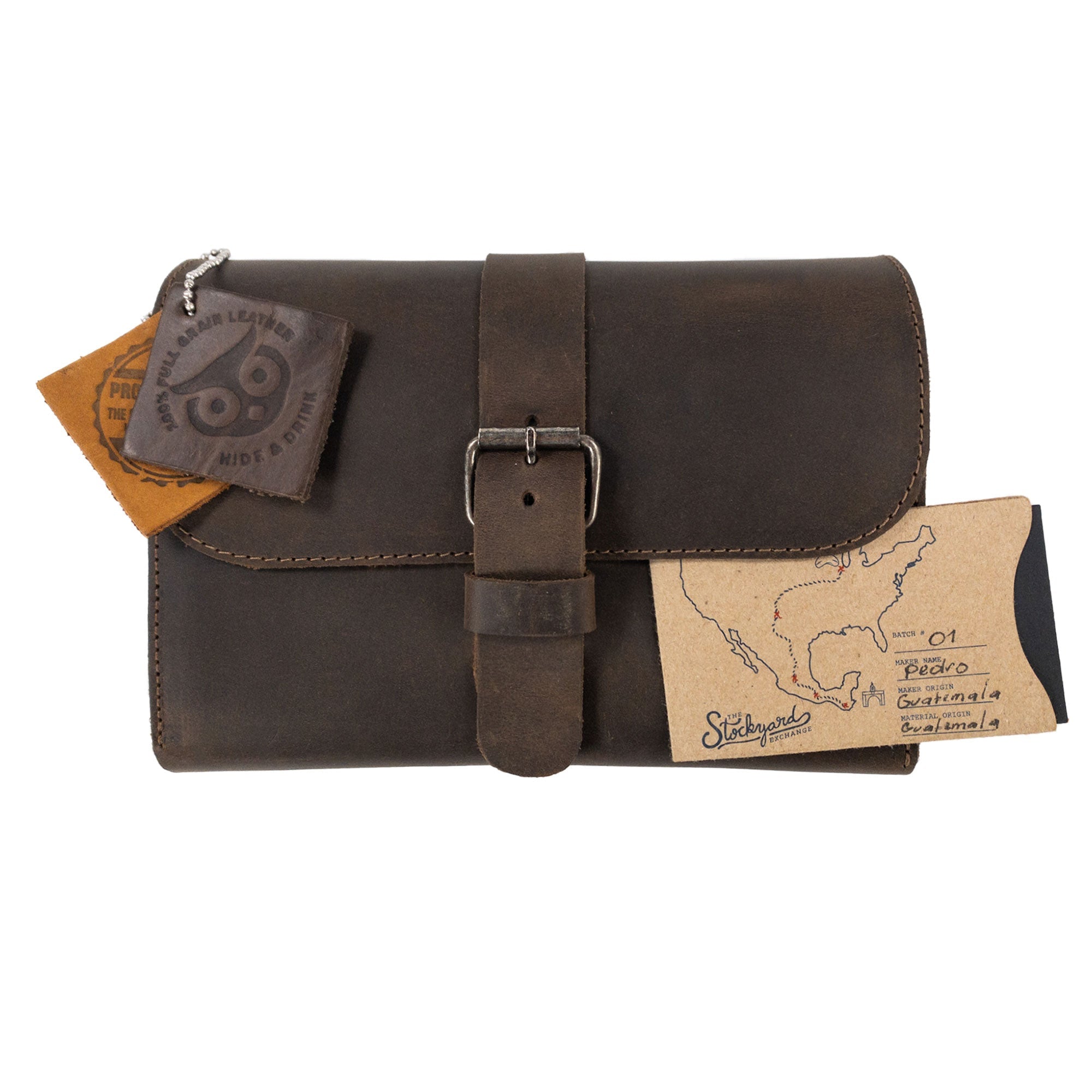 Triple Cigar Case by Hide & Drink, featuring a tag with the location of its artisan production. Made from full grain leather, this rustic accessory embodies handcrafted quality from La Antigua Guatemala, showcasing the essence of small batch production.
