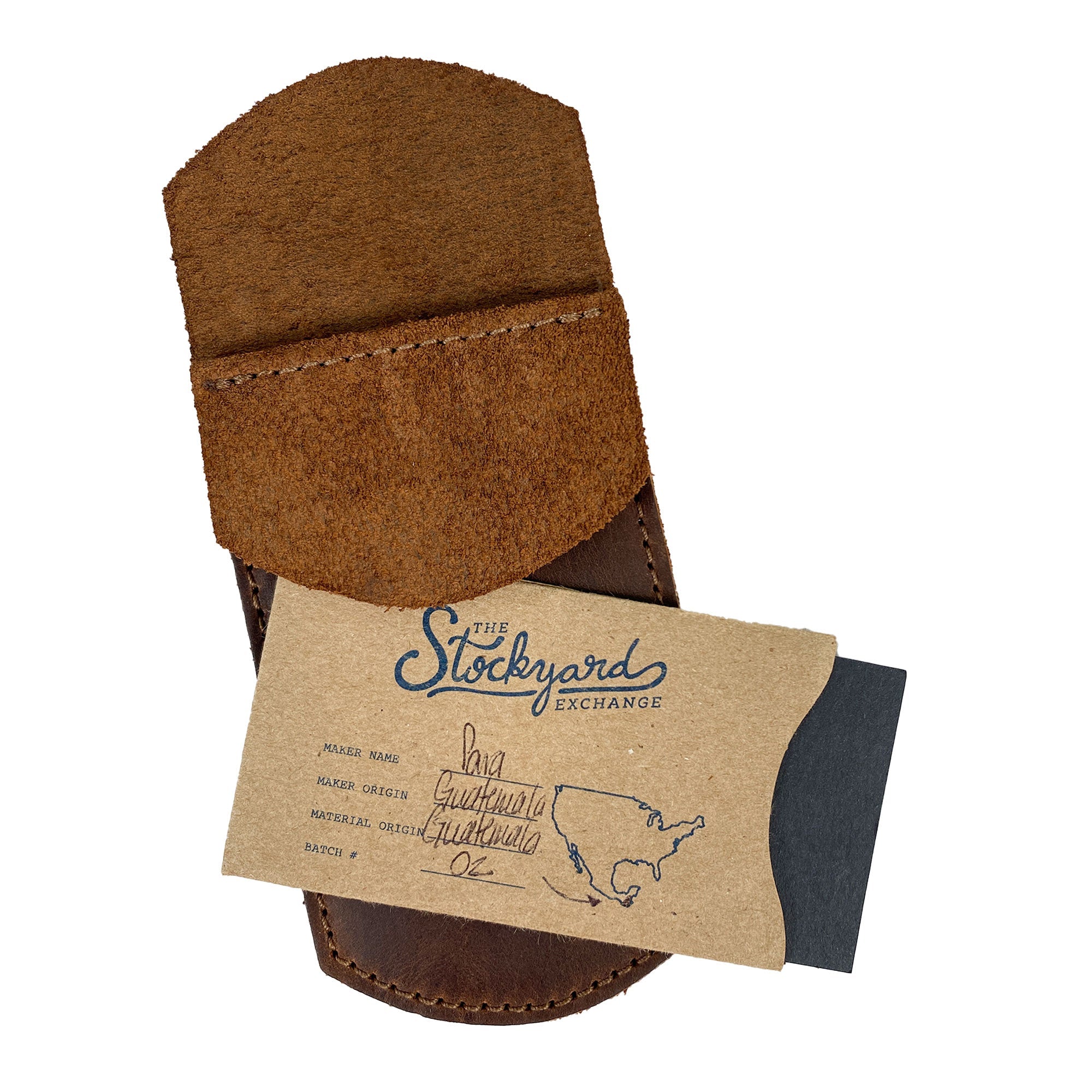 Heavy Duty Hide Pen Pocket with a care card, featuring information about its handmade origins. This full grain leather pen holder is perfect for keeping writing tools organized in shirts, backpacks, and lab coats, combining function and quality from artisans in La Antigua Guatemala, a proud offering of StockyardX.