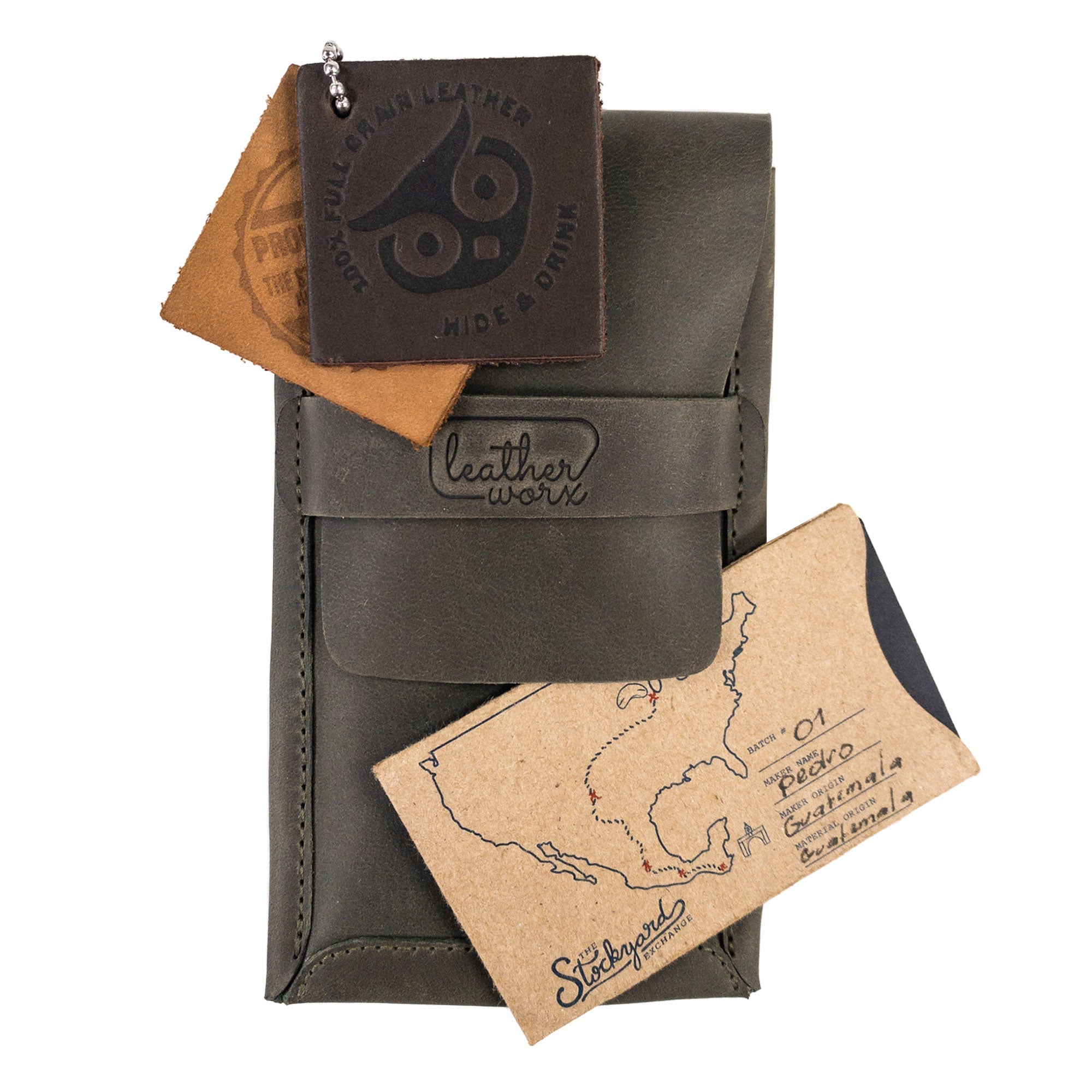 Leather Worx Double Pen Case with additional product tags, emphasizing its unique artisanal quality made from Full Grain Leather. This piece is a result of Small Batch Production, Hand Cut, and Hand Sewn techniques, perfect for those who appreciate craftsmanship.