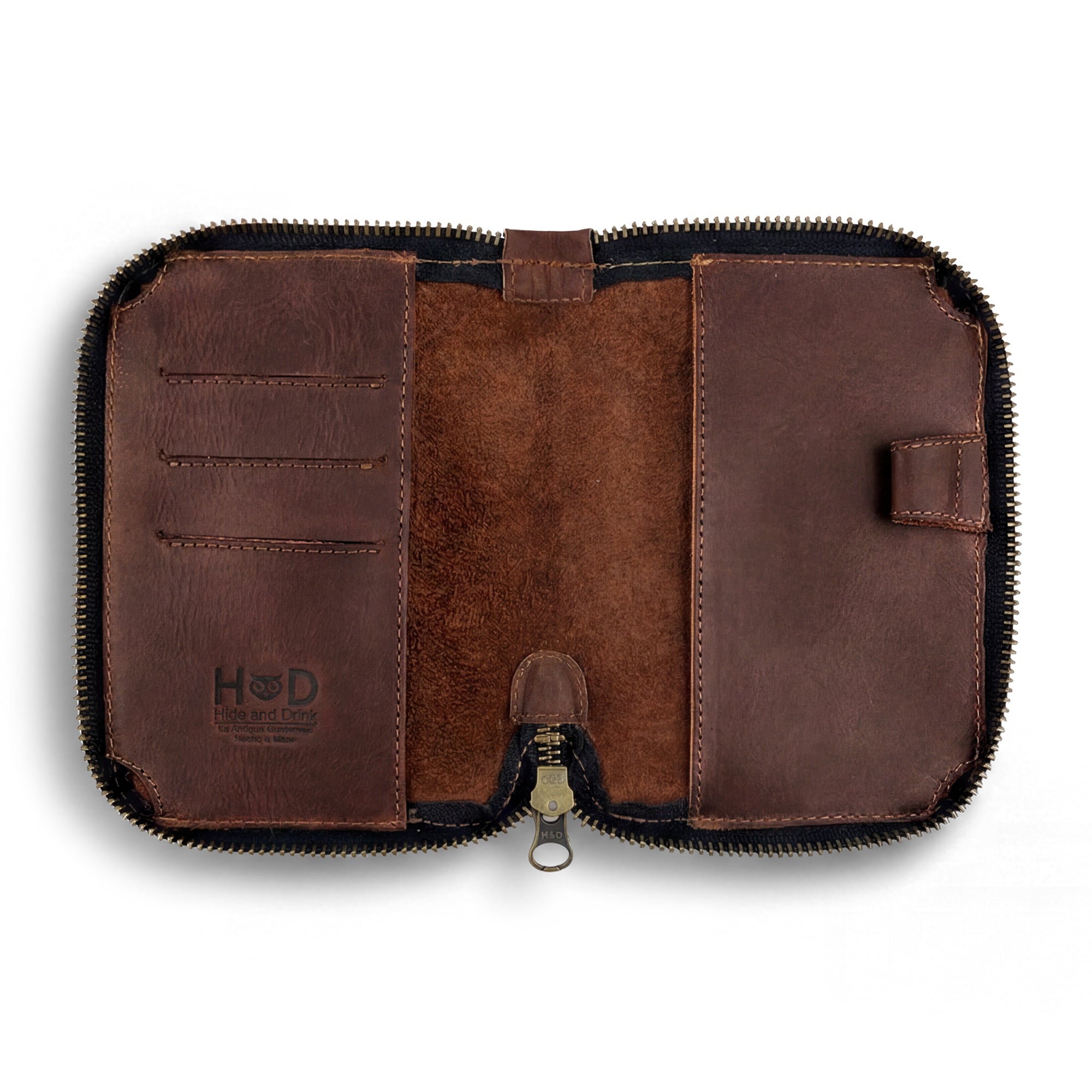 Interior view of the Zippered Passport Wallet by Hide & Drink, featuring organized compartments for cards and cash, embodying craftsmanship with its Full Grain Leather. Zippered Passport Wallet Handmade from Full Grain Leather - Storage Case for Identification, Credit Cards, Cash Full Grain Leather, StockyardX, Small Batch Production, Hand Cut, Hand Sewn, Fire Branded, Artisan, Handmade in La Antigua Guatemala & Oaxaca Mexico.
