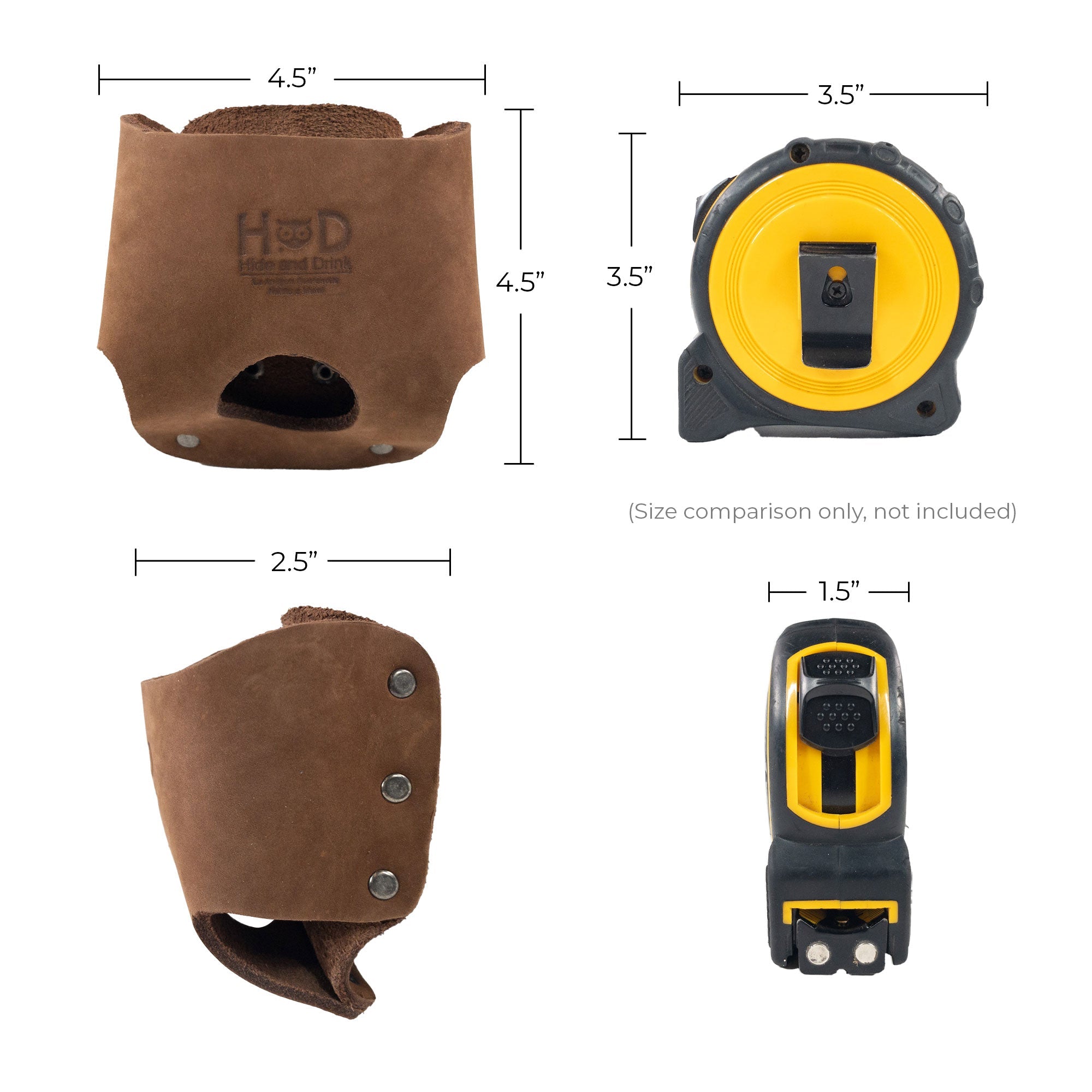 Hide & Drink's Large Tape Holster in striking red, designed for practical use. A handmade solution, perfect for any tradesperson needing a secure place for their Large Tape Measure.
