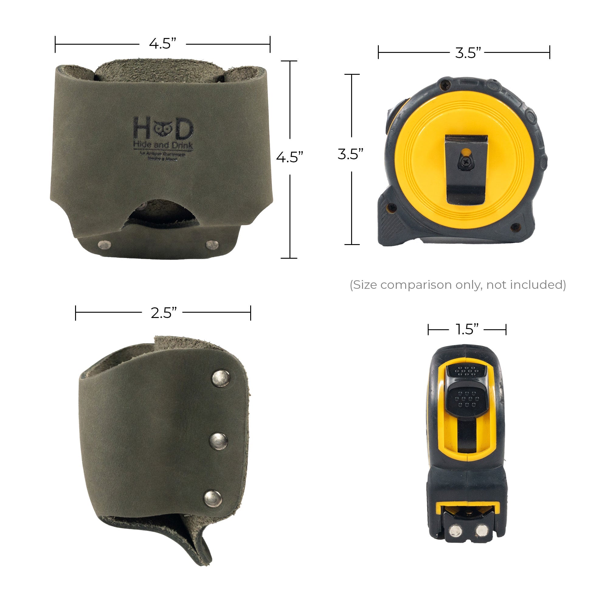Close-up of Hide & Drink's Large Tape Holster in green, focusing on stitching quality and design. A practical accessory for handymen and carpenters, ensuring easy access to Large Tape Measures.