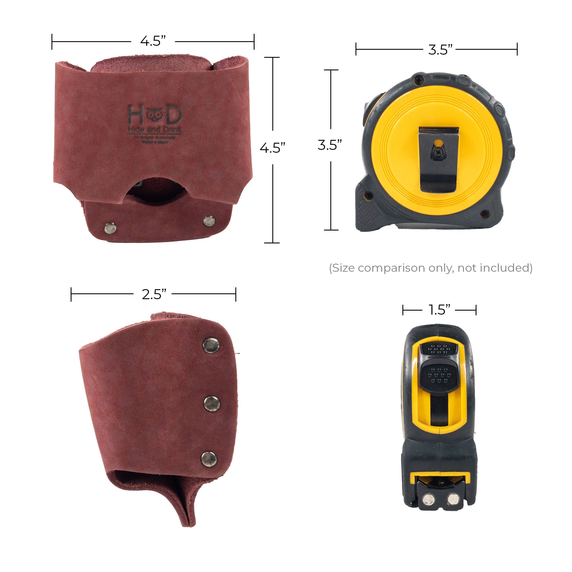 Hide & Drink's Large Tape Holster shown with detailed craftsmanship, perfect for tradespeople. This durable tool holster, made in La Antigua Guatemala, fits a Large Tape Measure seamlessly.