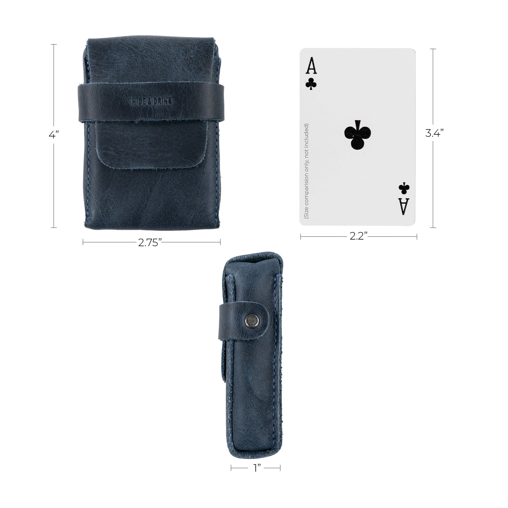 Dimensions of Hide & Drink's navy Playing Card Case alongside an Ace of spades card. This travel accessory serves as a classic case for playing cards (not included), ensuring secure storage in premium full grain leather. Artisan handmade from StockyardX, it embodies the quality craftsmanship from La Antigua Guatemala.
