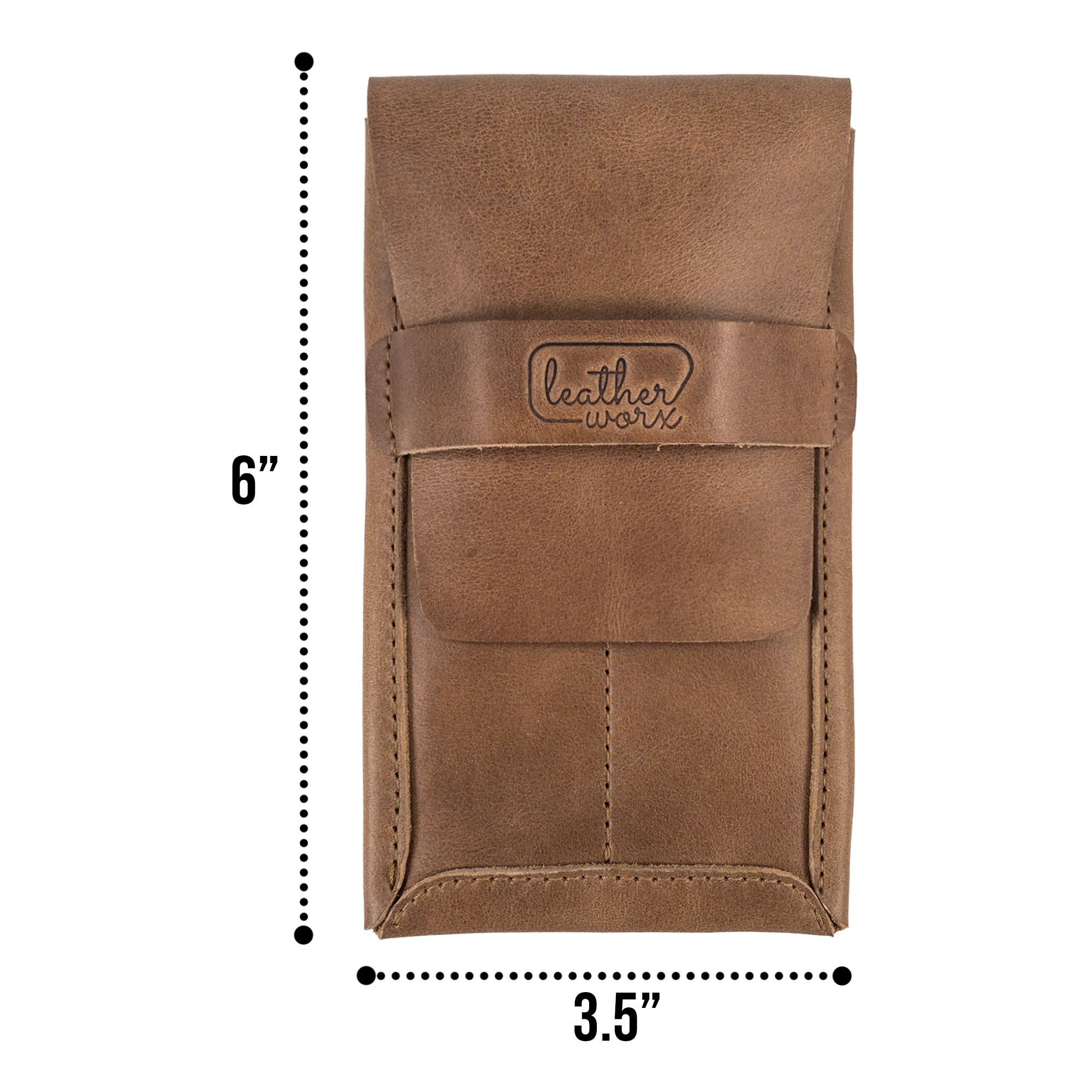 Styled image of the Double Pen Case alongside measurement details, showcasing its dimensions. Leather Worx uses Full Grain Leather to create this handmade artisan piece, highlighting hand cut and hand sewn methods in its production, proudly made in La Antigua Guatemala & Oaxaca Mexico.