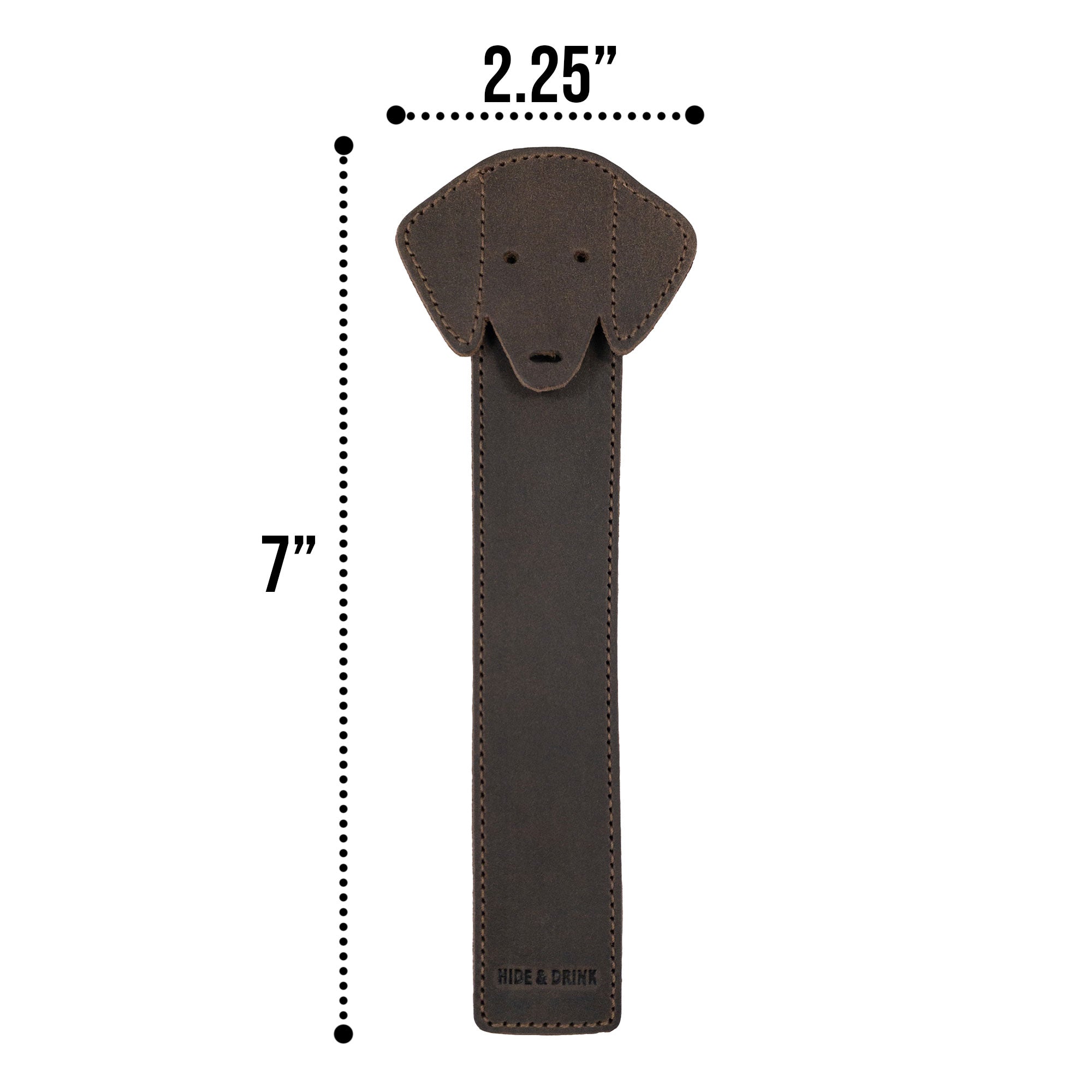 Detailed shot of Hide & Drink's Dog Bookmark dimensions showing its Full Grain Leather design. This handcrafted bookmark embodies the spirit of small batch production, artisan craftsmanship, and fire branding, proudly made in La Antigua Guatemala & Oaxaca Mexico.