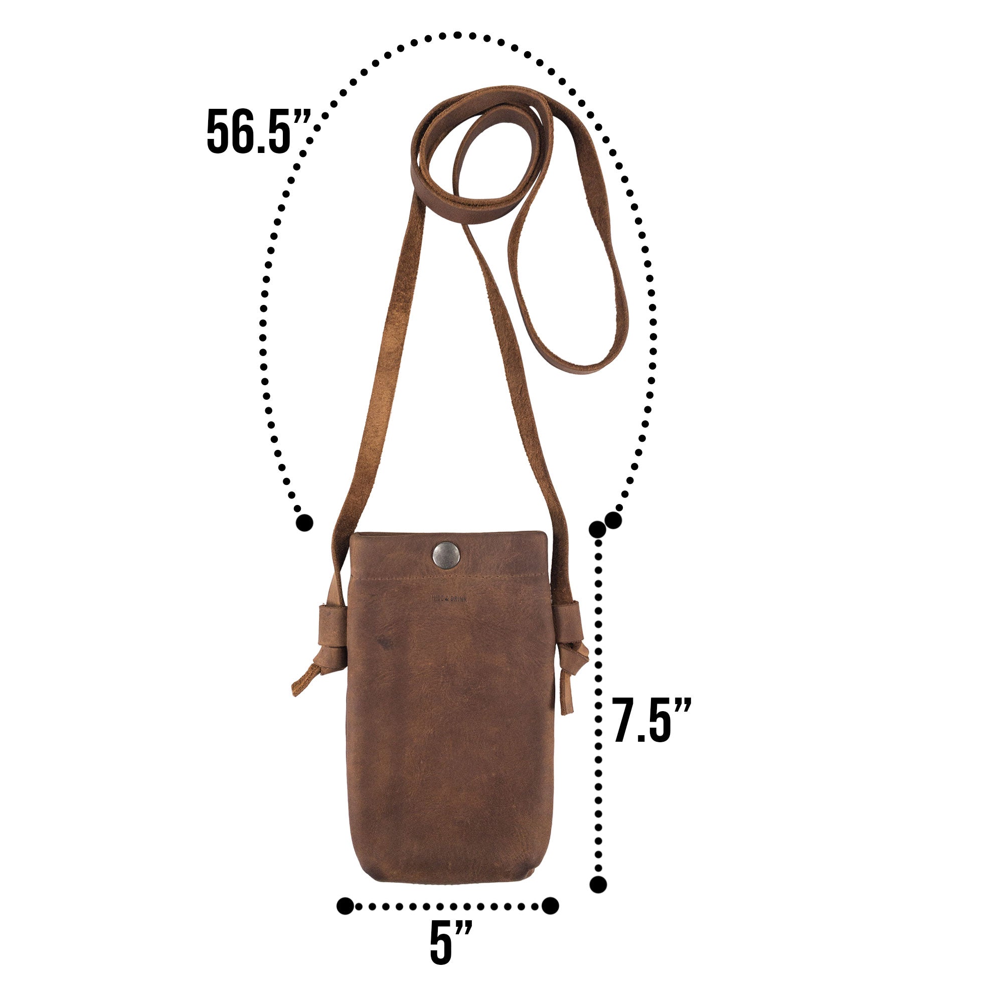 Detailed image of the Hide & Drink Cell Phone Shoulder Bag dimensions, displaying the product's size and design. This artisan-crafted full grain leather phone bag serves as an ideal travel accessory, showcasing fine craftsmanship and small batch production rooted in La Antigua Guatemala & Oaxaca Mexico.