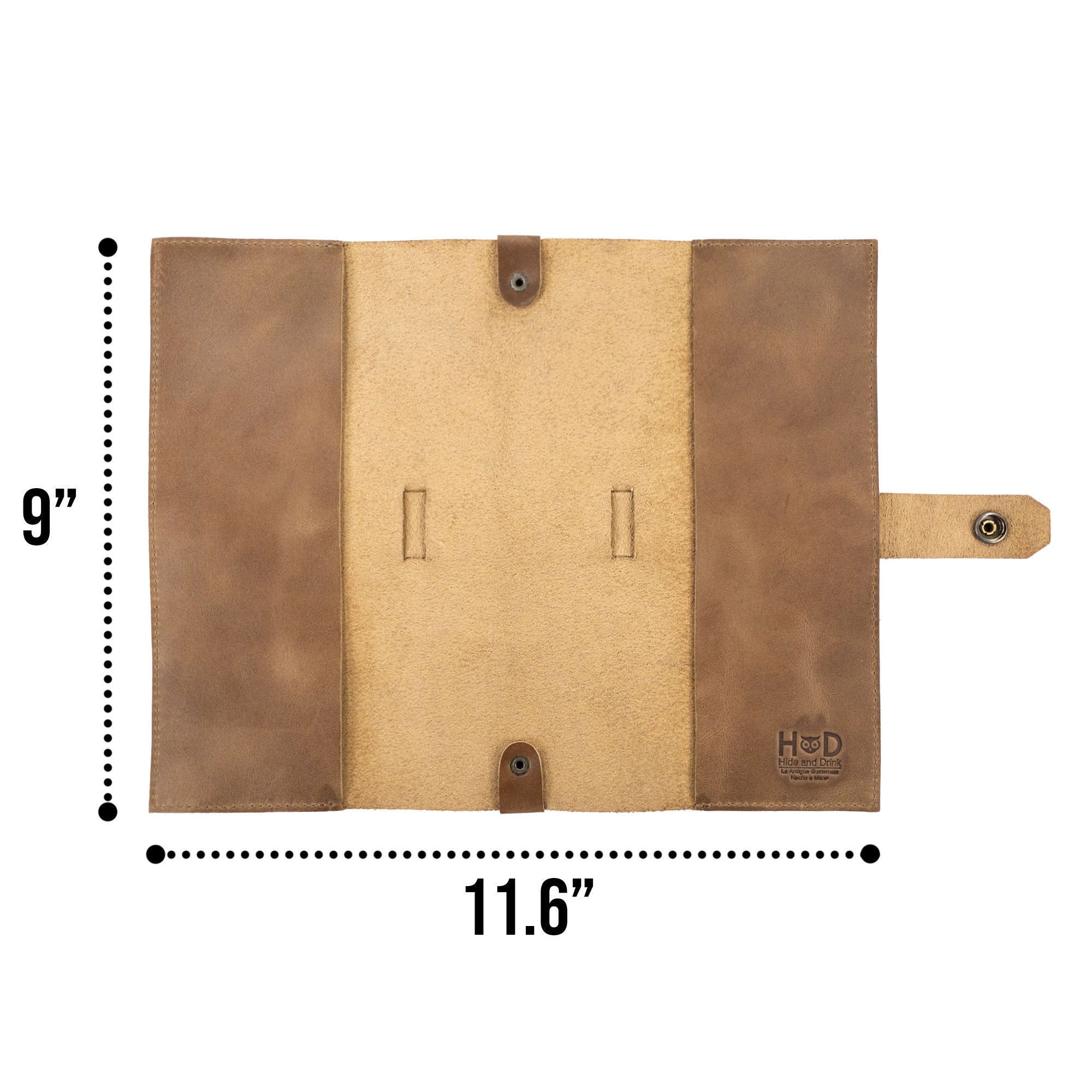 Stylish angle of Hide & Drink's Riveted Field Note Cover for Moleskine (5 x 8.25 in.) Notebook NOT Included, demonstrating its sleek brown vibe. This handcrafted leather cover showcases the best of artisan craftsmanship from La Antigua Guatemala & Oaxaca, Mexico.