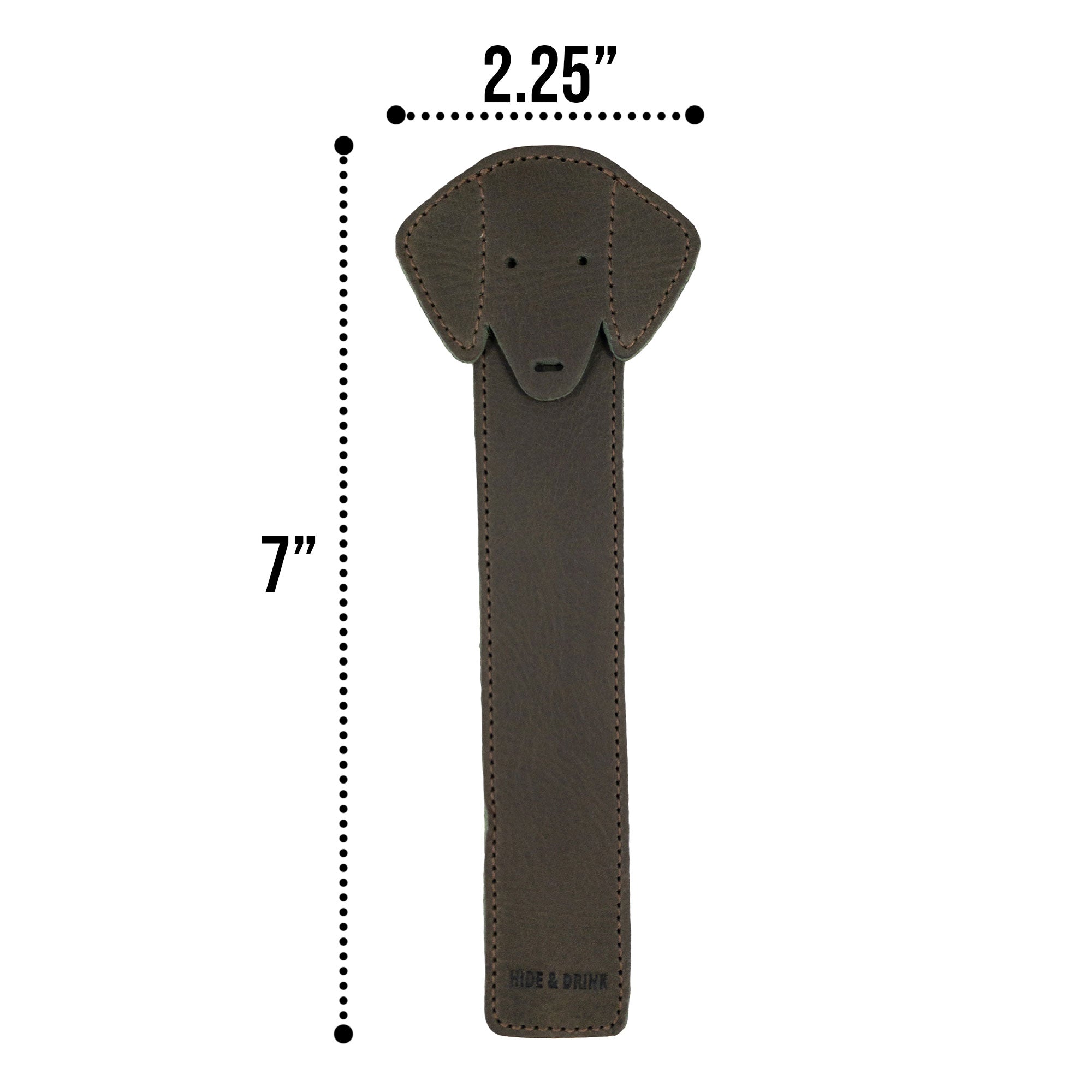 Hide & Drink's dimensions of the brown Dog Bookmark showcasing its Full Grain Leather material. This handmade bookmark reflects the artistry of small batch production and fire branding, proud of its roots in La Antigua Guatemala & Oaxaca Mexico.