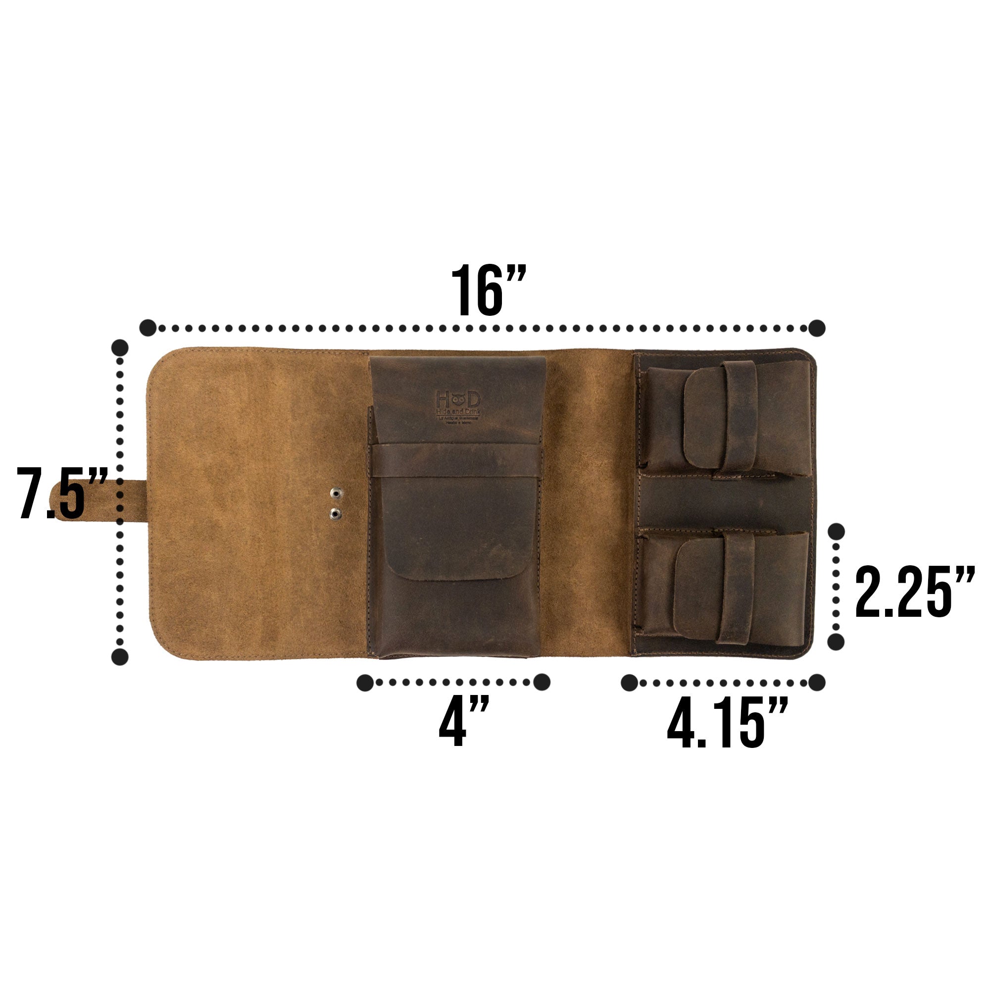 Dimensions of the Triple Cigar Case by Hide & Drink displayed alongside its features. Crafted from full grain leather, this rustic tobacco pouch is hand cut and sewn, emphasizing artisan craftsmanship and small batch production.