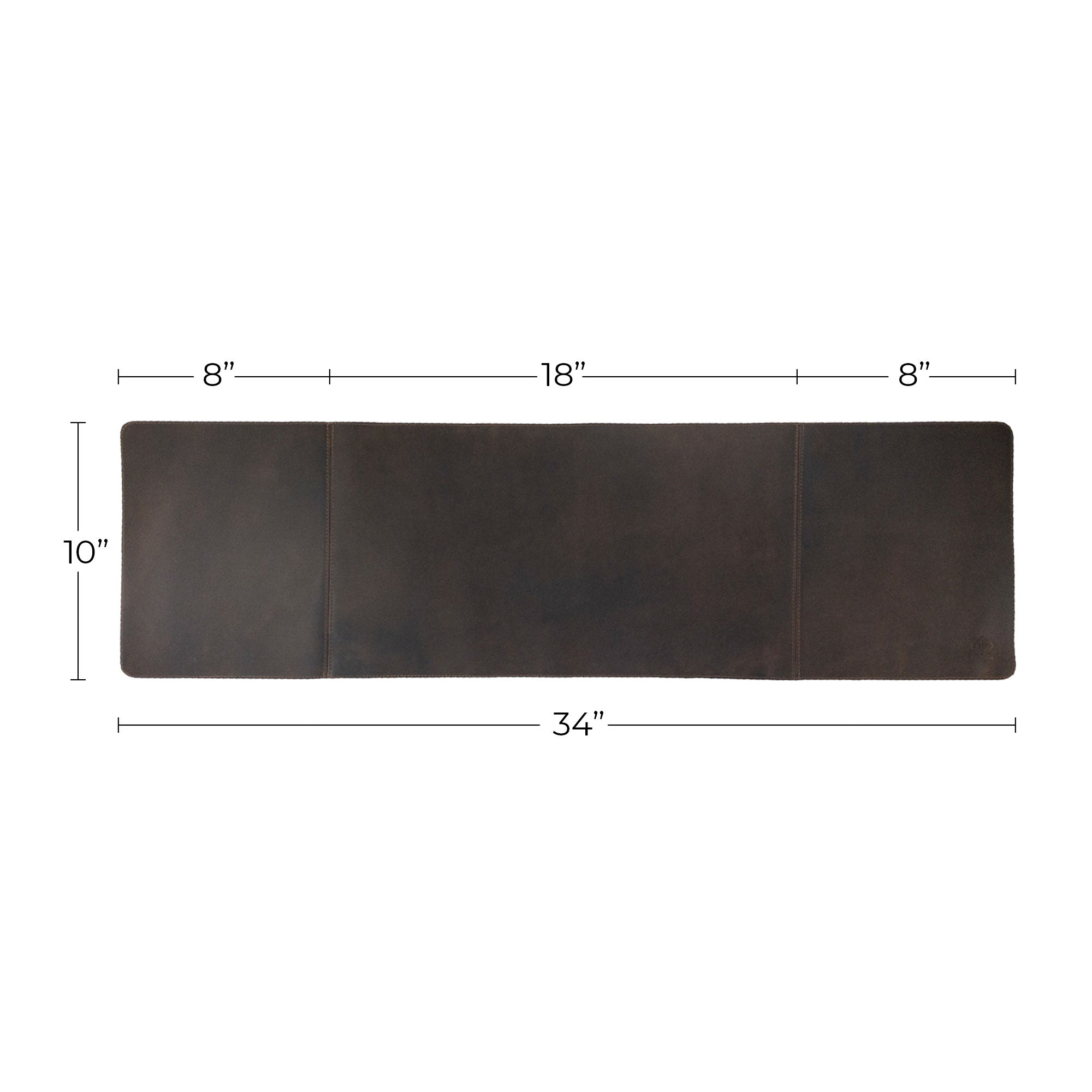 Measurement overview of the 34 Inch Long Desk Pad for Keyboard, Mouse, and Cellphone from LeatherTex, presented against a white background. Infused with the essence of small batch production, this full grain leather item is hand cut and hand sewn, illustrating the artisan finesse in La Antigua Guatemala & Oaxaca Mexico.