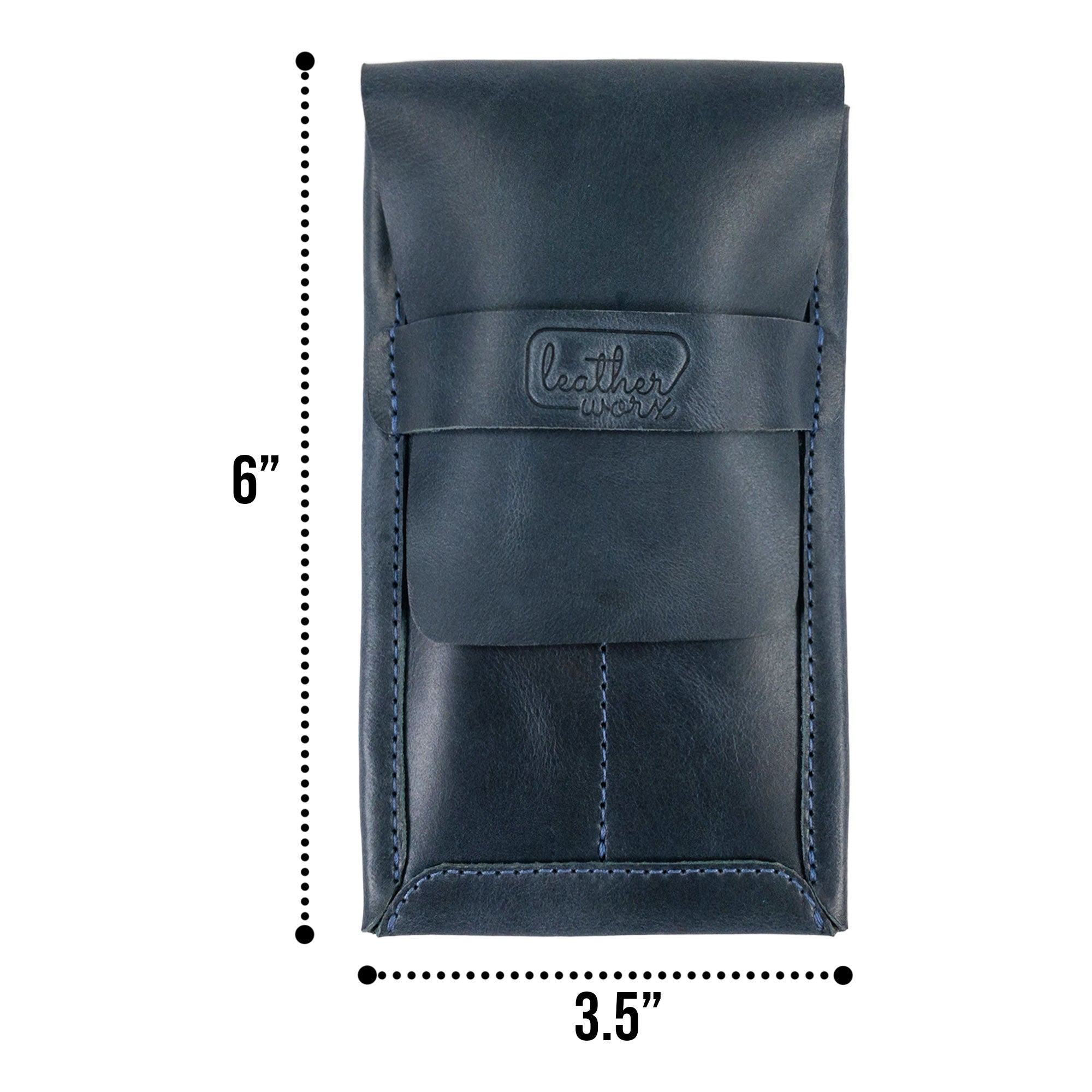 Front view of the Leather Worx Double Pen Case, measuring 6 inches tall and 3.5 inches wide. Crafted from Full Grain Leather, this artisan piece is made through small batch production methods in La Antigua Guatemala, emphasizing hand cut and hand sewn techniques.