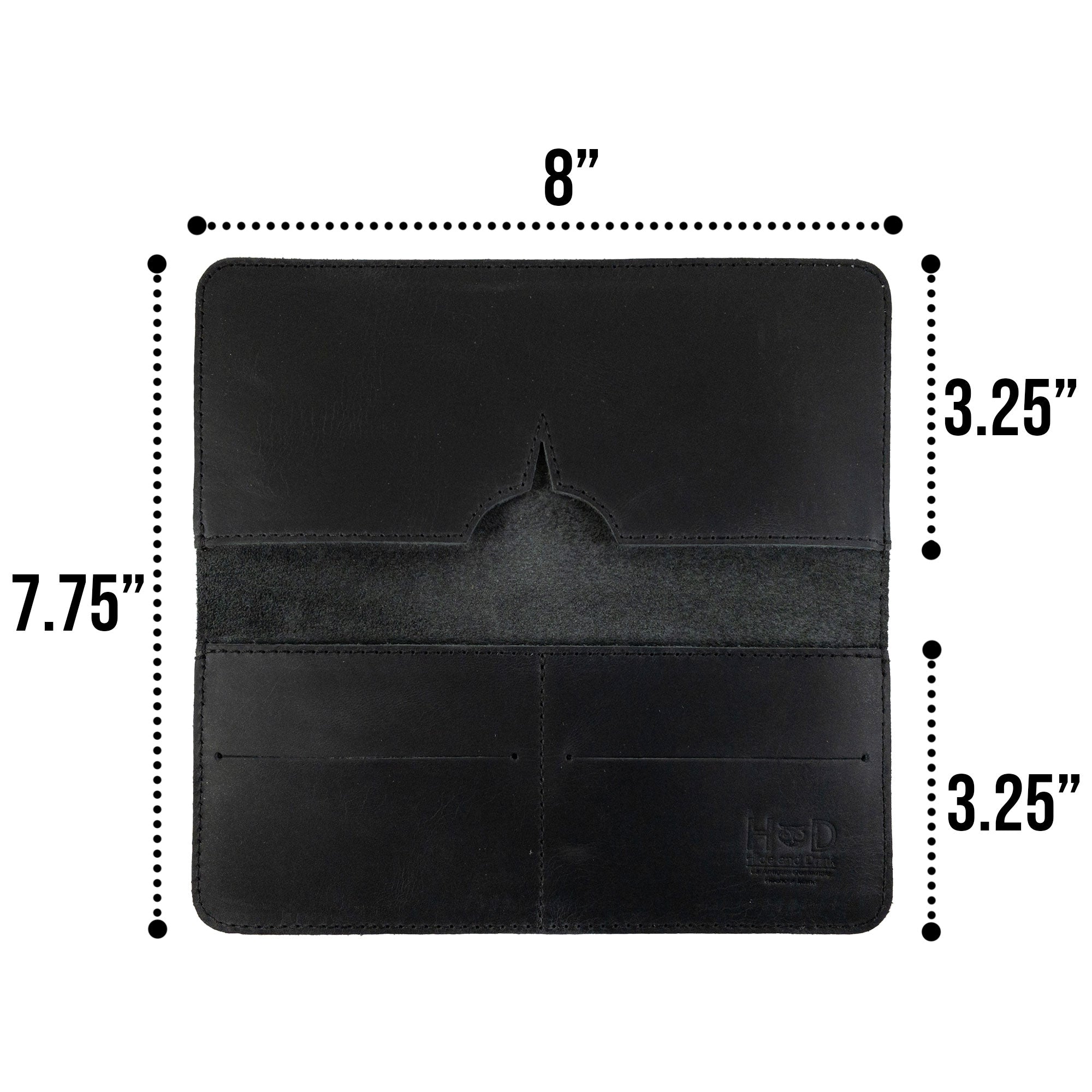 Open view of the black bifold wallet for cellphone by Hide & Drink, with details on card and cash organization. This smartly designed Bifold Wallet for Cellphone is made of Full Grain Leather, perfect for daily use. Discover the quality craftsmanship achieved through small batch production in La Antigua Guatemala & Oaxaca Mexico.