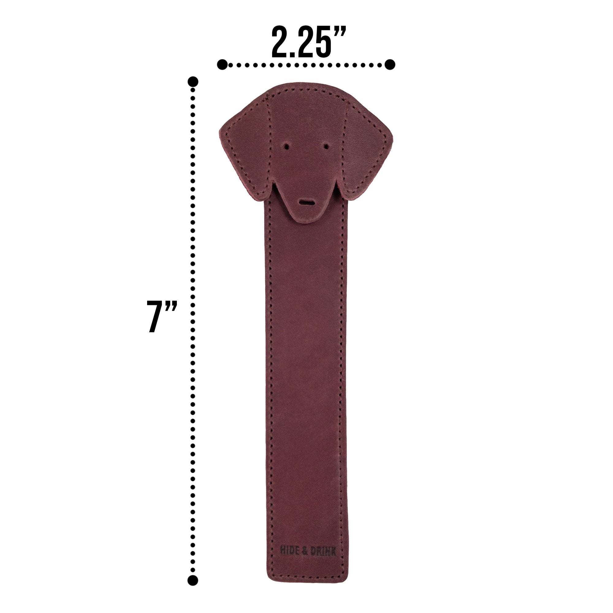 Hide & Drink's dimensions of the burgundy Dog Bookmark showcasing its Full Grain Leather design. This handmade bookmark reflects the artisan craftsmanship of small batch production and fire branding, made in La Antigua Guatemala & Oaxaca Mexico.