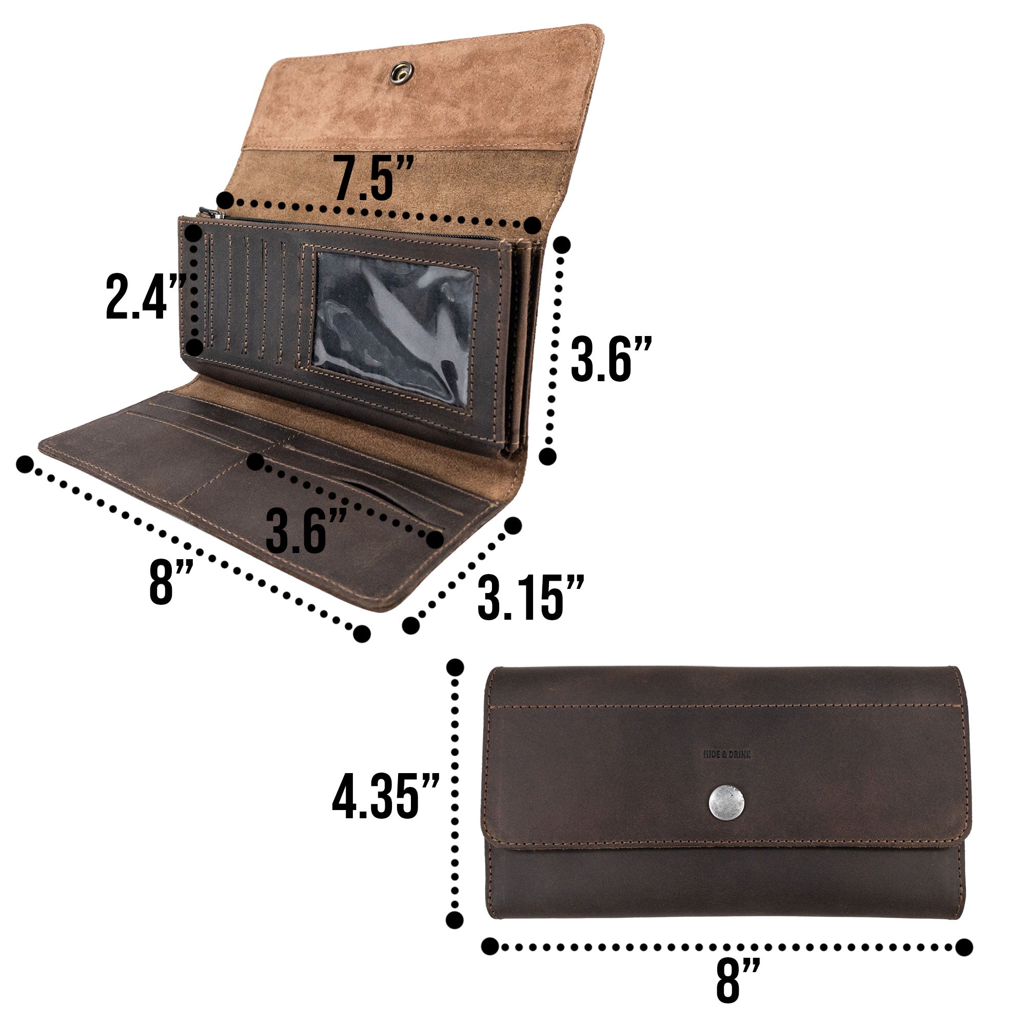 Dimensions graphic of the Rustic Tri Fold Folio Wallet by Hide & Drink, detailing its size and features. This wallet represents the essence of a Minimalist Tri Fold Folio Wallet for Women, crafted from full grain leather and enhanced through small batch production, emphasizing hand cut and hand sewn quality, authentically made in La Antigua Guatemala & Oaxaca Mexico.