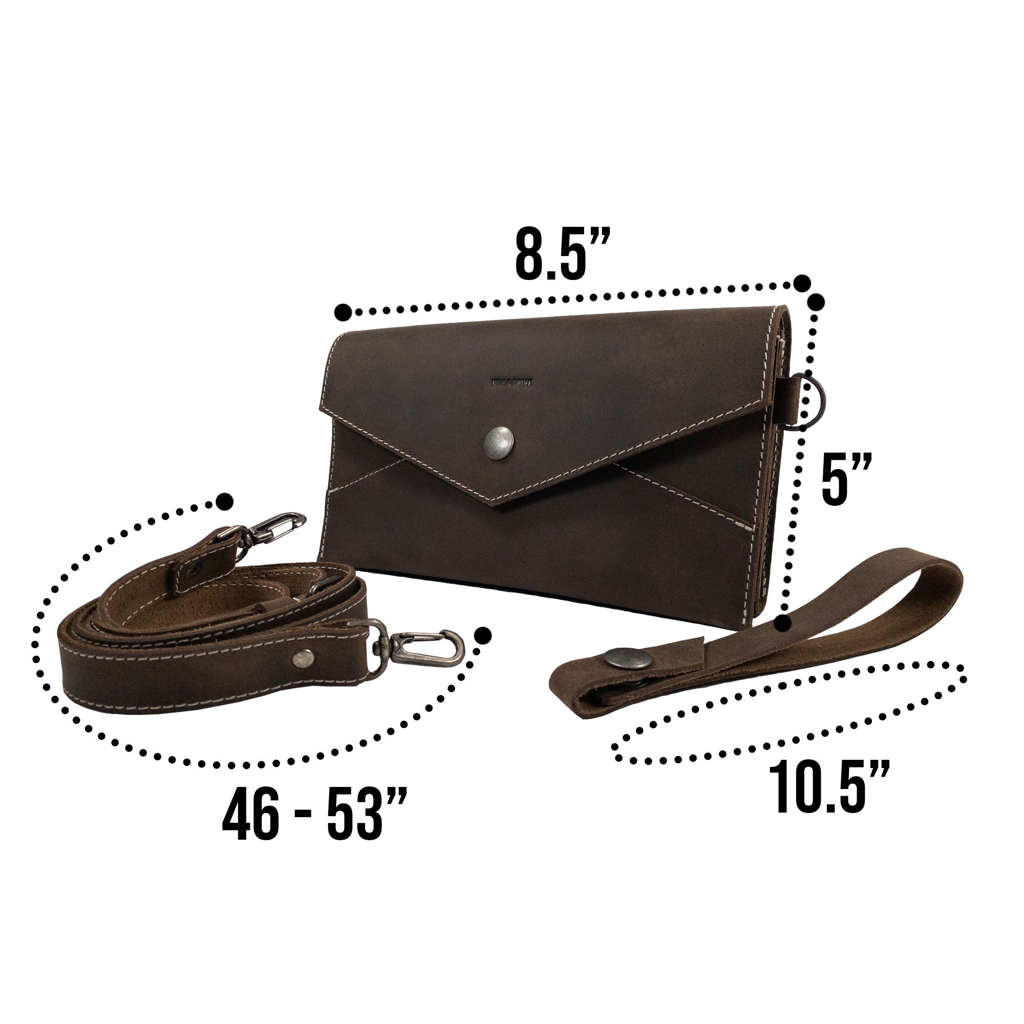 Sizing details of the Convertible Envelope Bag by Hide & Drink, highlighting its dimensions and features in Full Grain Leather. This stylish Envelope Crossbody Bag is a result of small batch production, showcasing the hand cut, hand sewn artistry from La Antigua Guatemala & Oaxaca Mexico.