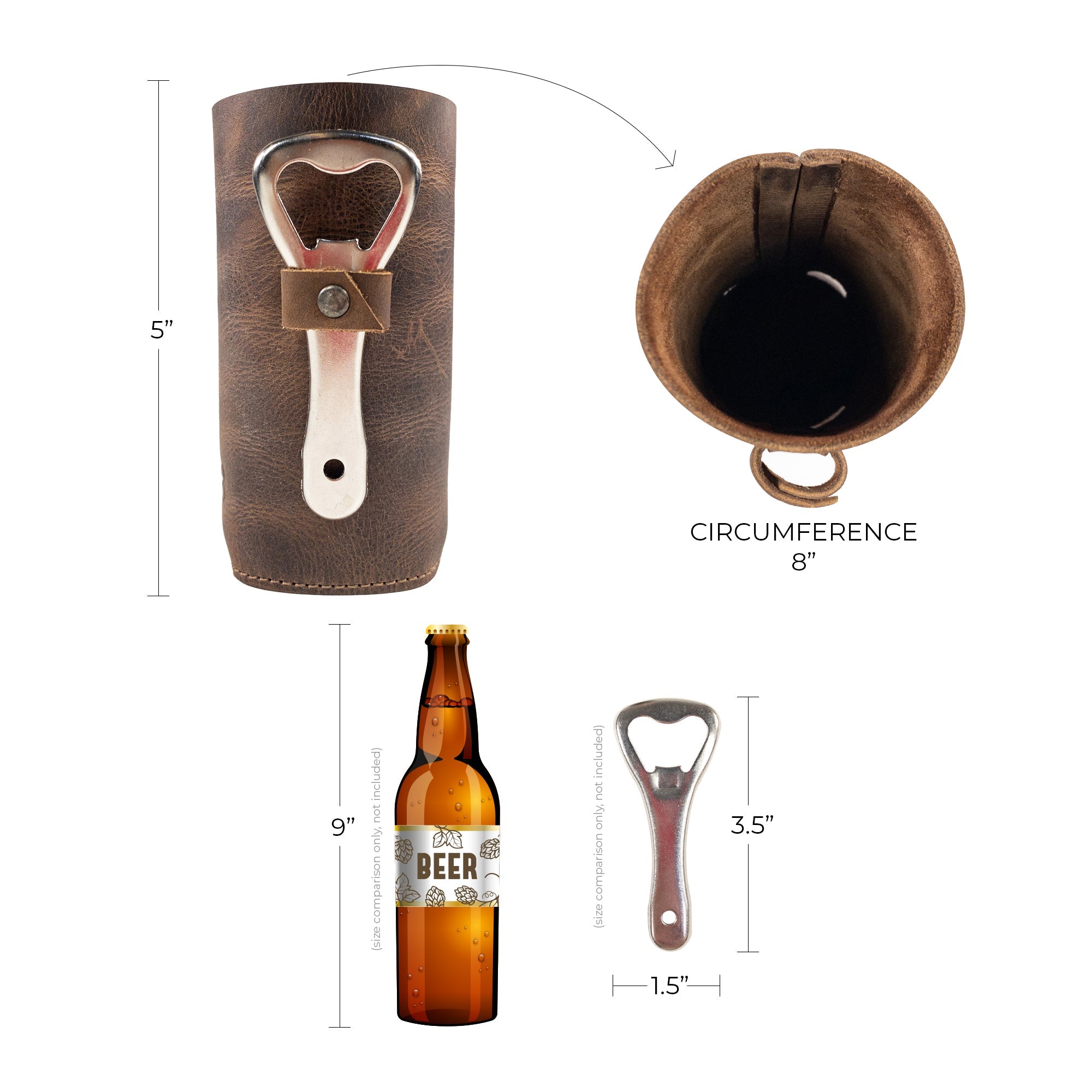 Technical illustration of Hide & Groom Beer Bottle Sleeve Set of 2 with key dimensions. Each leather sleeve features a bottle opener slot, handmade in La Antigua Guatemala, perfect for weddings and rustic-themed events.