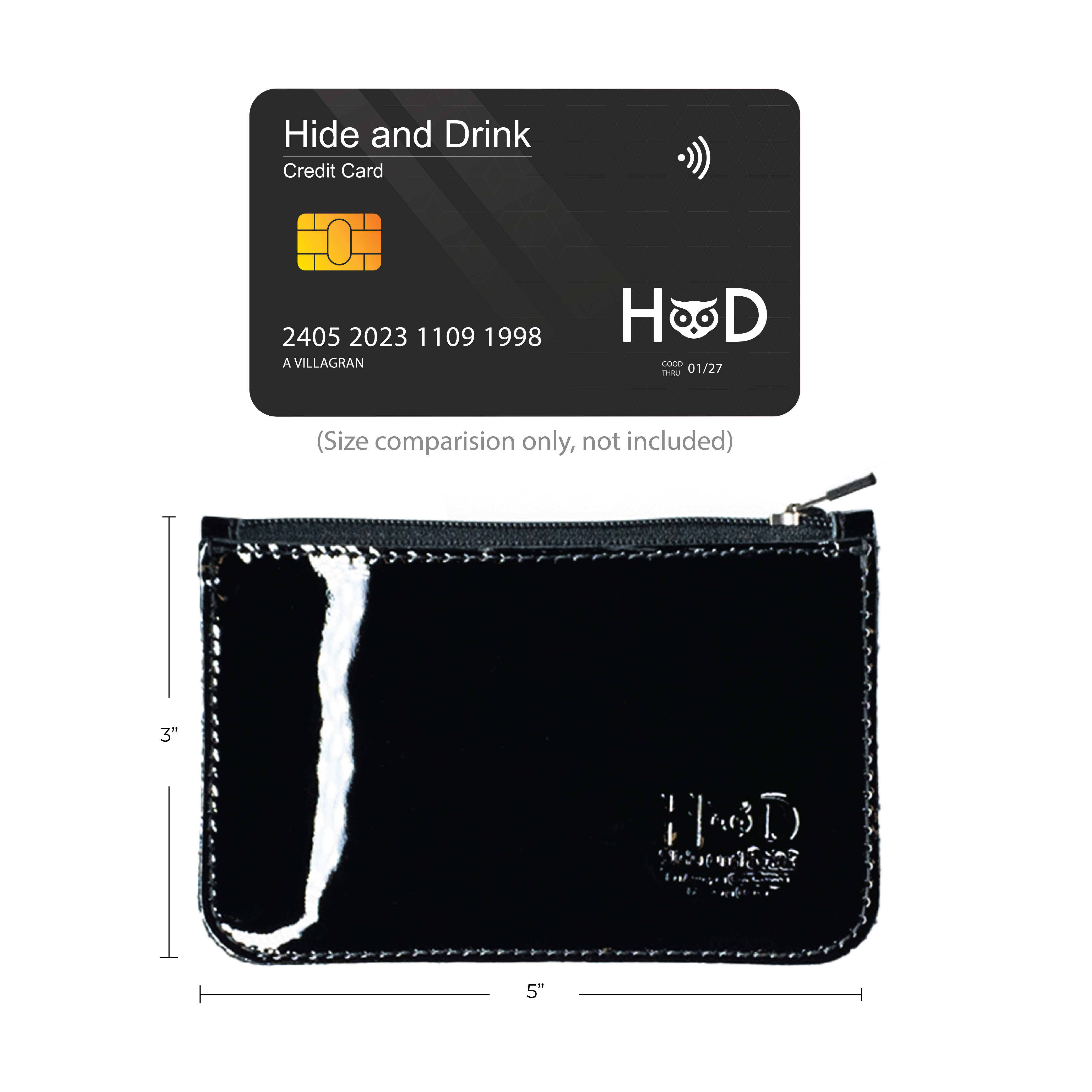 Hide & Drink Zippered Wallet next to credit cards and extra accessories, illustrating its versatility for storing essential items. This artisan handcrafted wallet in glossy black is made from full grain leather, combining function as a card case, coin organizer, and folded bills storage with small batch production from La Antigua Guatemala & Oaxaca Mexico.