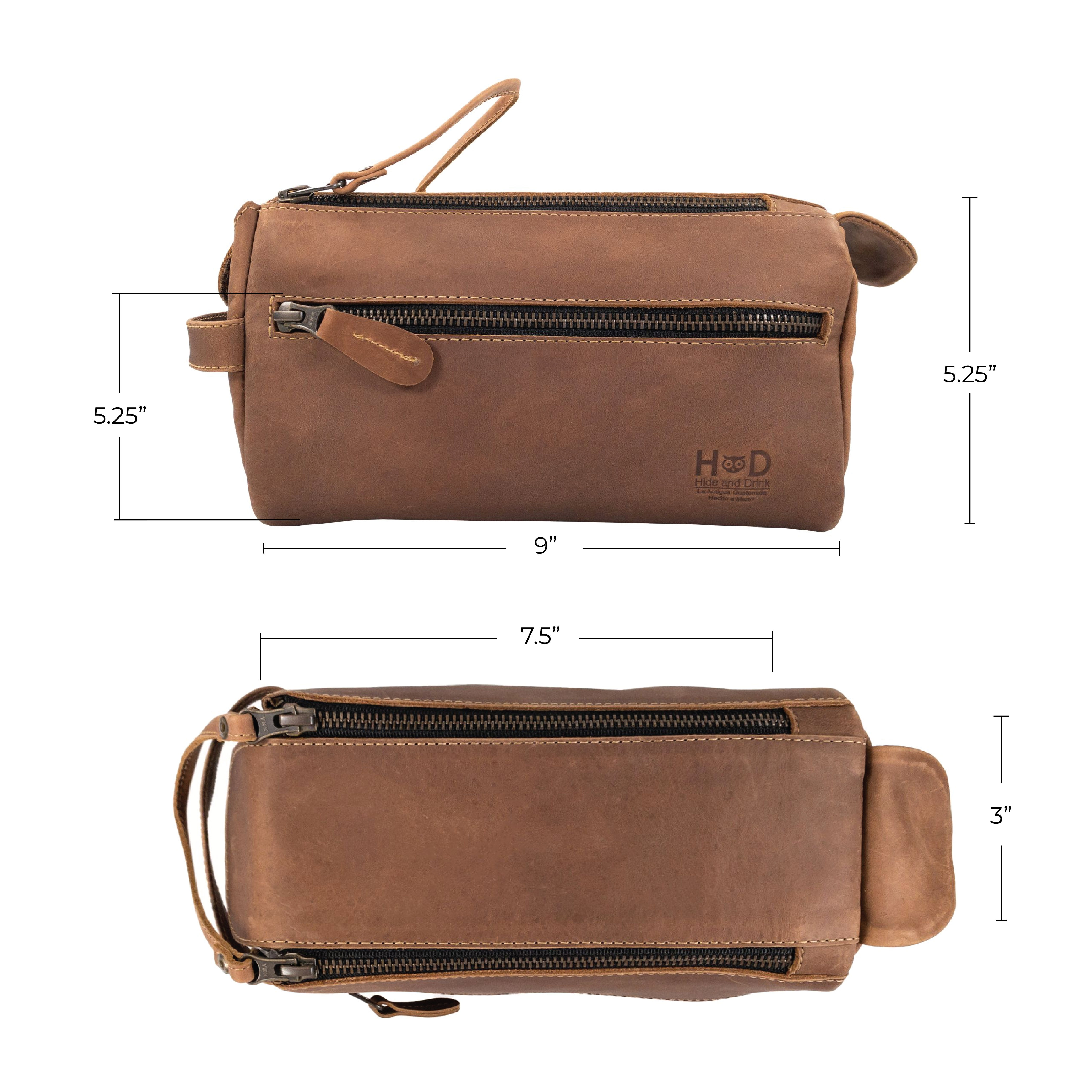 Hide & Drink's Toiletry Bag displayed in a tan leather design, illustrating its charm. This Full Grain Leather Toiletry Bag serves as a compact Hand Bag and Dopp Kit Organizer for essentials. StockyardX, Handmade, S.