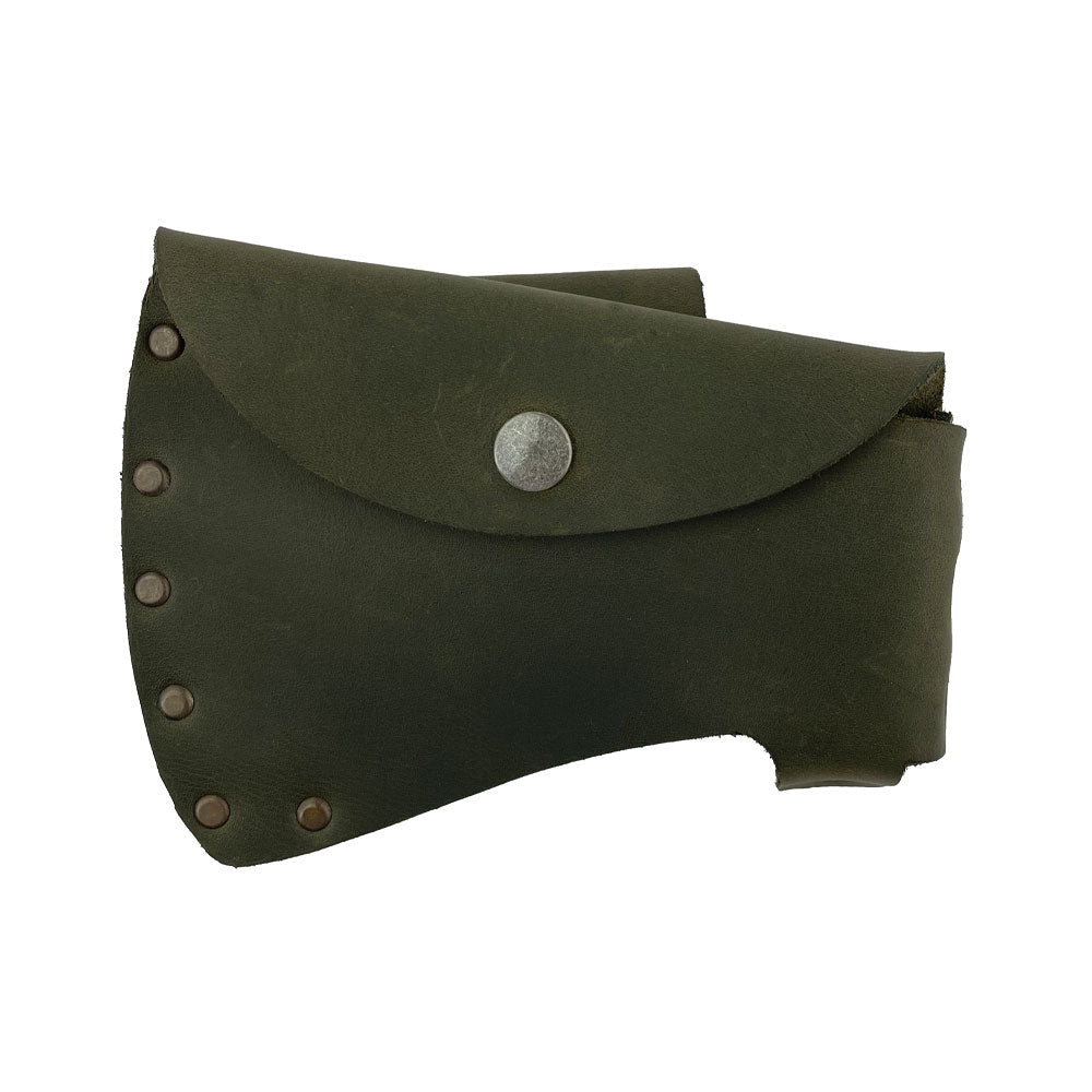 Hide & Drink Hatchet Head Sheath displayed in green leather, created as a stylish holster for 1.5 in. belts. This blade cover and axe head case is perfect for lumberjack work essentials, reflecting artisanal craftsmanship from La Antigua Guatemala & Oaxaca Mexico.