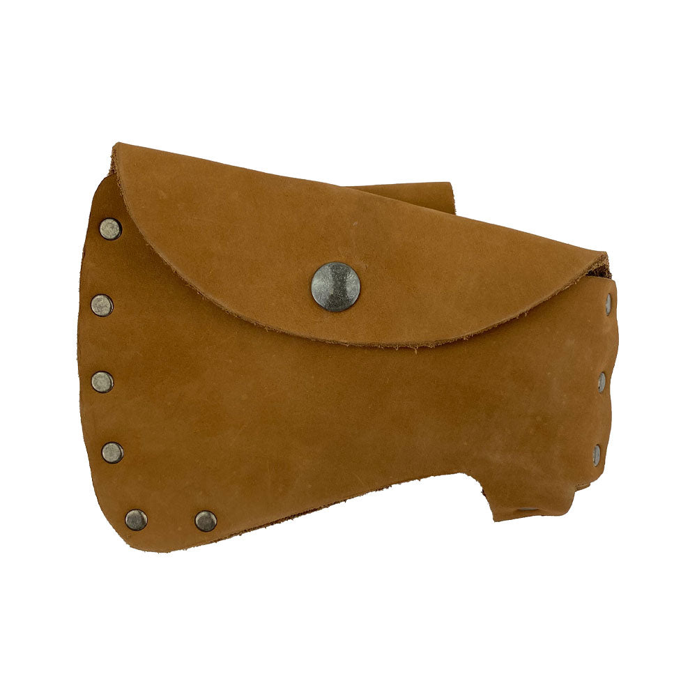 Hide & Drink Hatchet Head Sheath in attractive tan leather, offering a beautiful look and feel for a holster suitable for 1.5 in. belts. This artisan blade cover and axe head case is perfect for lumberjack outdoors work, handmade with care in La Antigua Guatemala & Oaxaca Mexico.