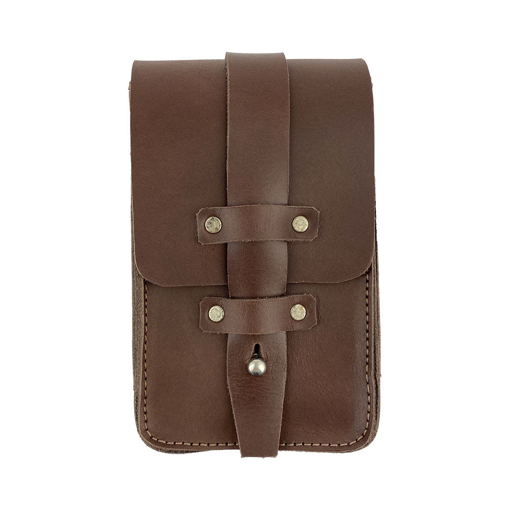 Bartender Fanny Pack by Hide & Drink, showcasing a sleek, brown design perfect for holding essentials like a Bartender Bottle Opener and corkscrew. Made of thick full grain leather, this artisan-crafted accessory is hand cut and sewn, ensuring quality in every piece. Handmade in La Antigua Guatemala.