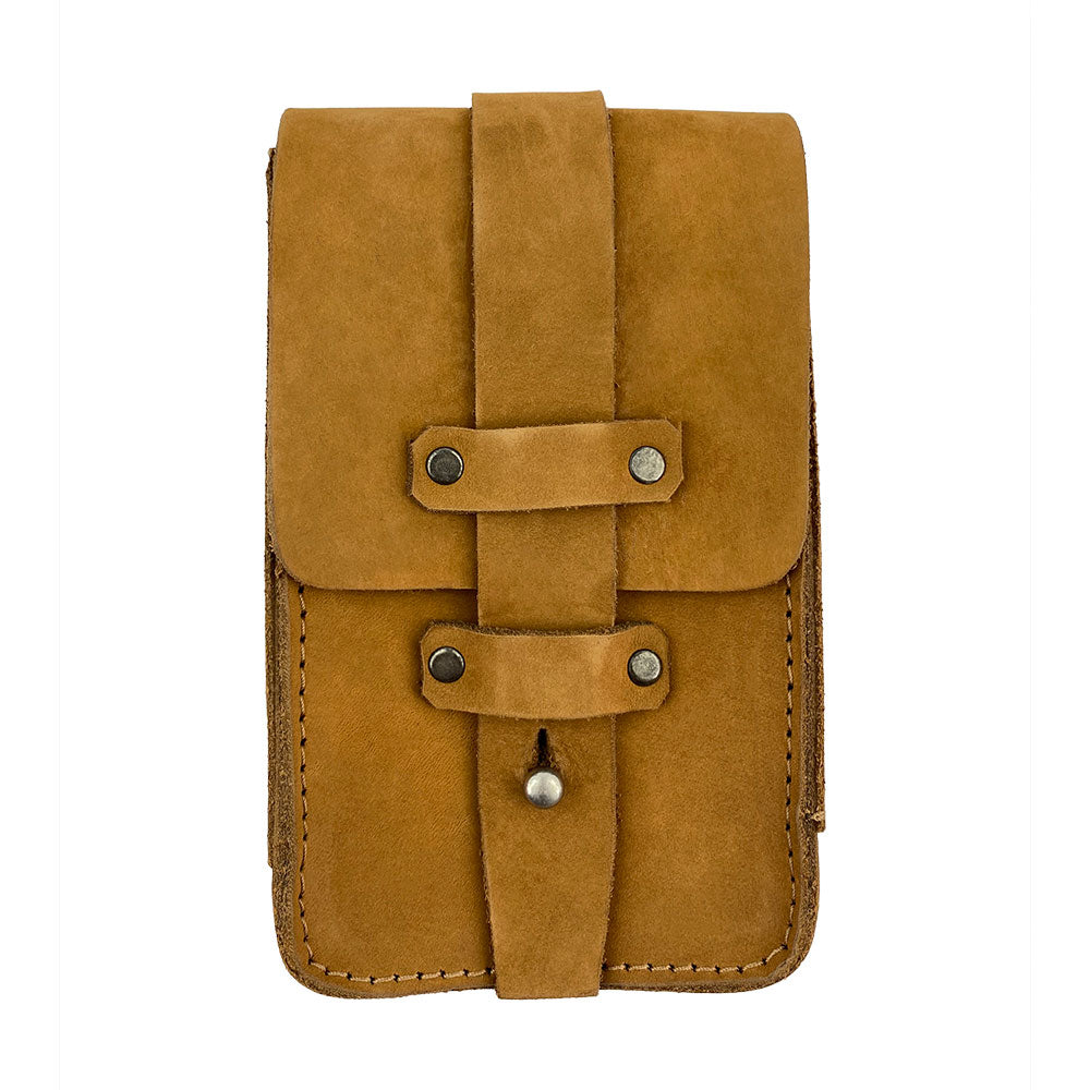 Tan Bartender Fanny Pack by Hide & Drink on display, perfect for bartenders seeking a stylish storage solution. This thick full grain leather pouch functions as a bartending essentials holder, featuring small batch production craftsmanship from La Antigua Guatemala.