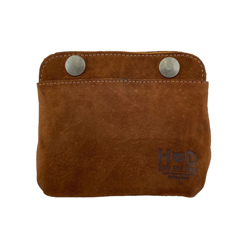 Front view of Hide & Drink Double Snap Pouch in rich brown suede, excellent as a coin purse or cash & card holder. This durable full grain leather organizer is crafted with care by artisans in La Antigua Guatemala.