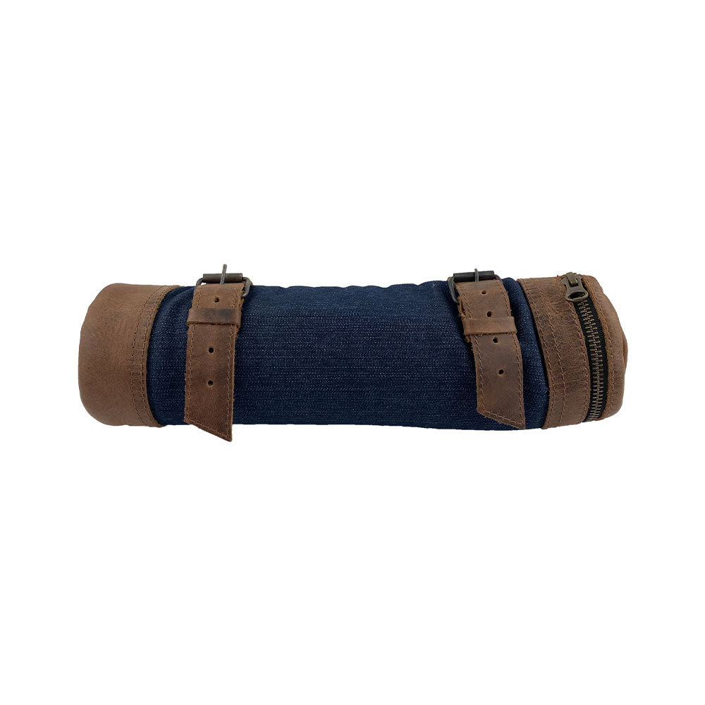 Close-up view of the Navy Blue Bicycle Tube from Hide & Drink, highlighting its quality materials and sturdy zippers. This artisan-made Zipper Commute Bag is designed for biking enthusiasts who appreciate craftsmanship and practicality. Handmade in La Antigua Guatemala and Oaxaca Mexico.