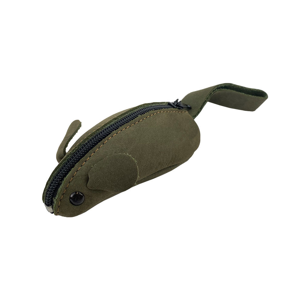 Top perspective of the Hide & Drink Mouse Coin Pouch, capturing its unique Mouse shape. This Change Pouch is an excellent Pocket Case for Coins, made from luxurious Full Grain Leather and designed as a charming Travel Accessory.