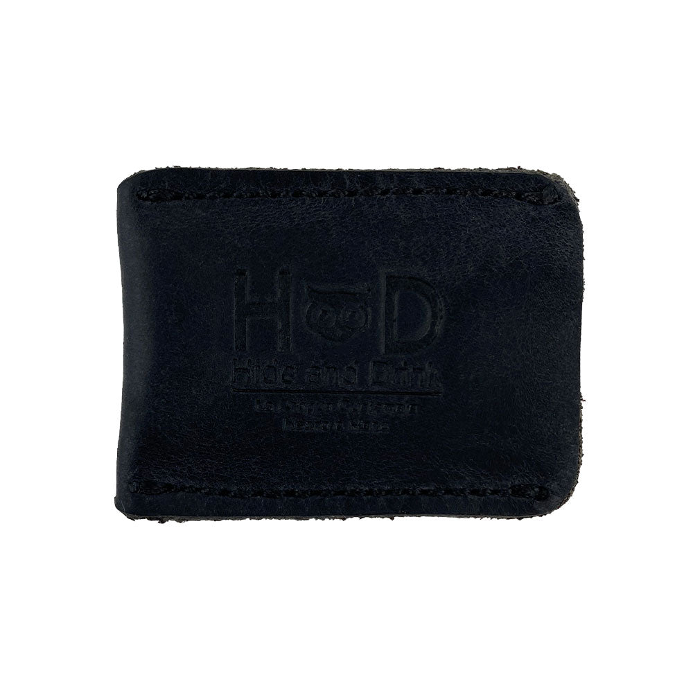 Close-up image of the Hide & Drink Razor Head Cover in black leather, showcasing its durable design as a protective sheath for the Double Edge Safety Razor, handcrafted in La Antigua Guatemala.