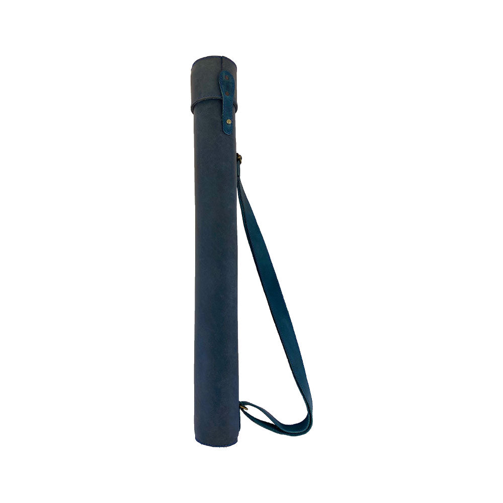 Hide & Drink's Blueprint Tube (A2 Paper Size) displayed upright, emphasizing its modern design. This full grain leather document storage tube with an adjustable strap exemplifies artisan craftsmanship and small batch production from StockyardX, handmade in La Antigua Guatemala & Oaxaca Mexico.