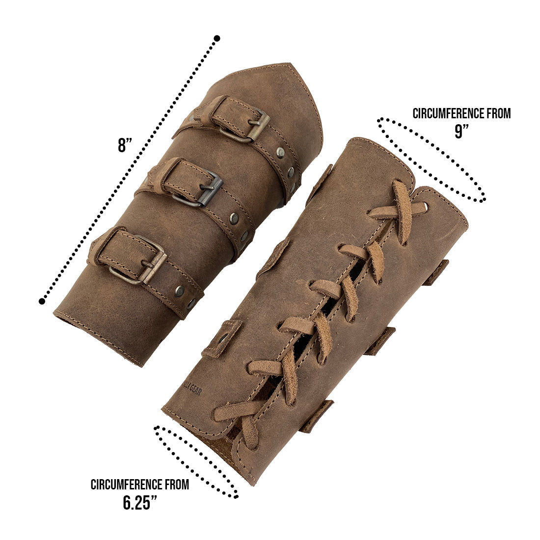 Measurement illustration of Valhalla Gear Set of 2 Archery Buckle Bracers highlighting their dimensions. These adjustable wrist guards are handmade, ideal for anyone seeking top-notch protection in archery.