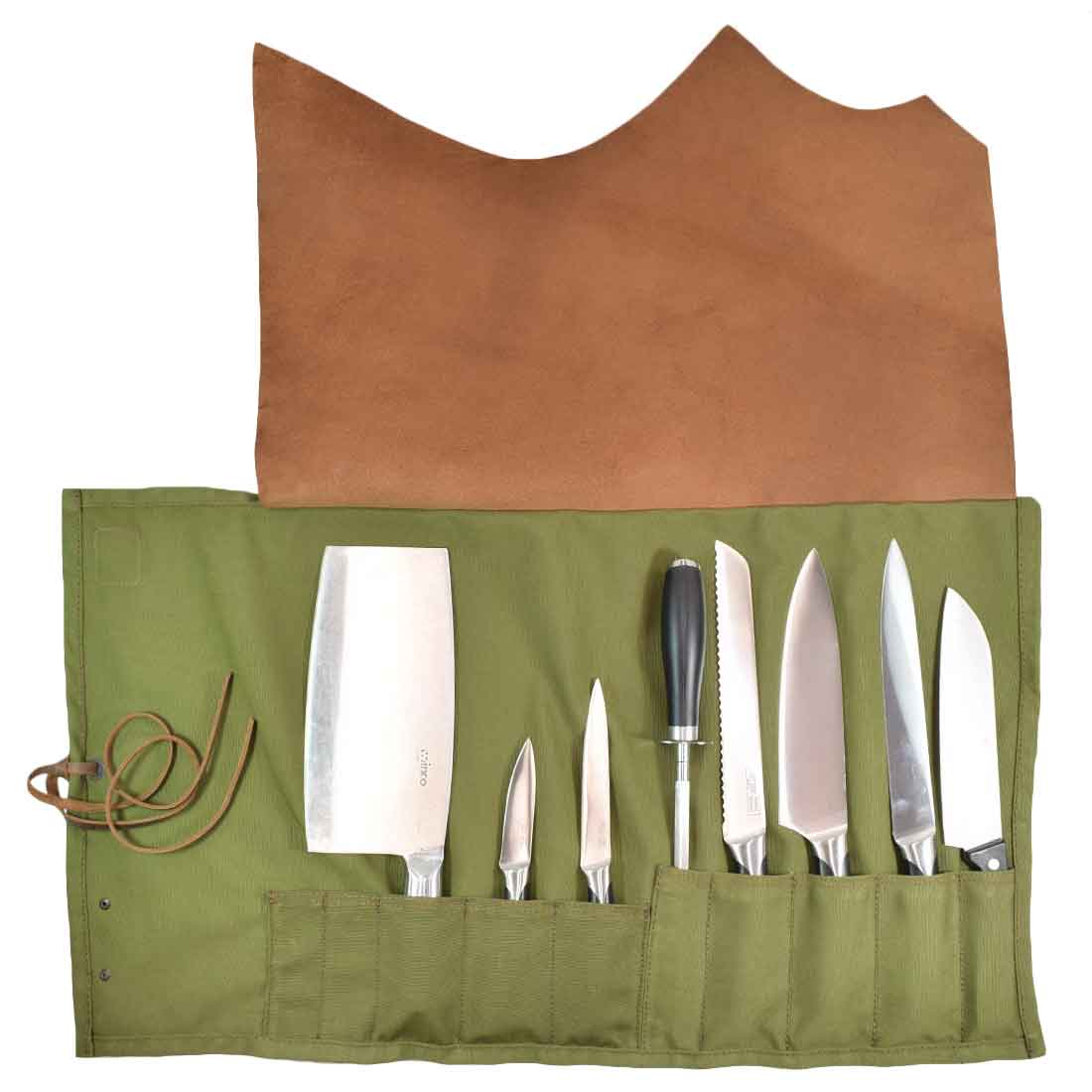 Hide & Drink's Knife Roll (10 Pockets) displayed open, featuring essential knife pockets crafted from resilient water resistant canvas and full grain leather. This travel knife case is a beloved culinary accessory showcasing artisan craftsmanship from La Antigua Guatemala & Oaxaca Mexico.